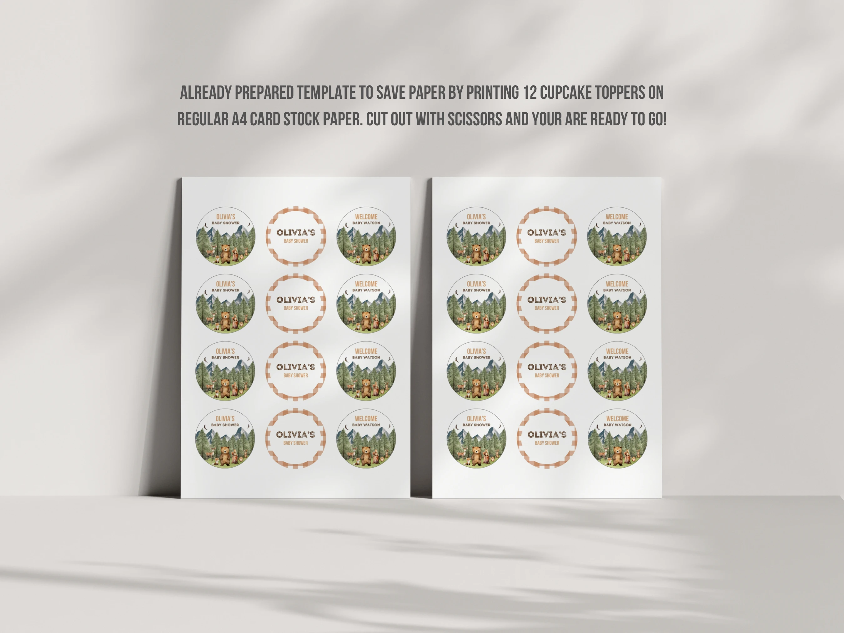 Woodland Baby Shower Cupcake Toppers | Forest Animals Adventure Awaits Cake Topper | Editable Canva Template | Digital Download