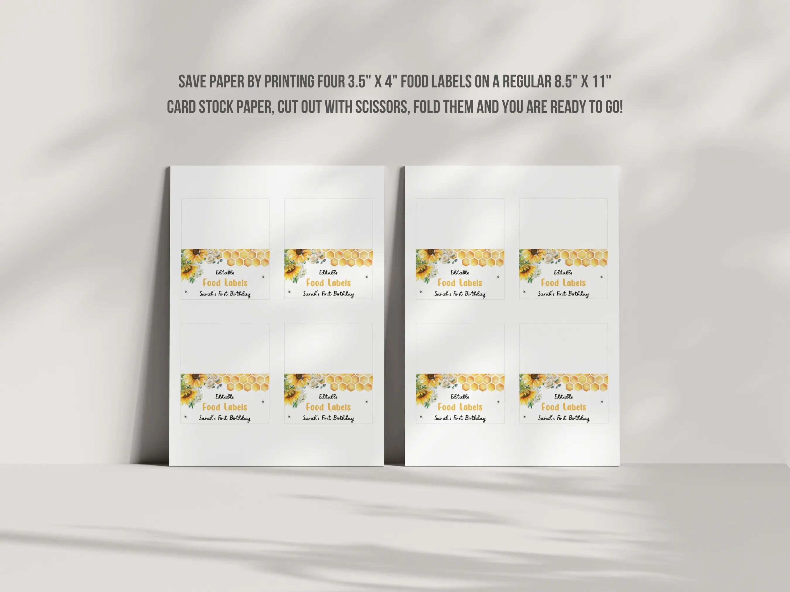 Sunflower First Bee Day Food Tent Cards | Bumble Bee Name Tags | Bee Party Table Labels | Editable Canva Template | Digital Download