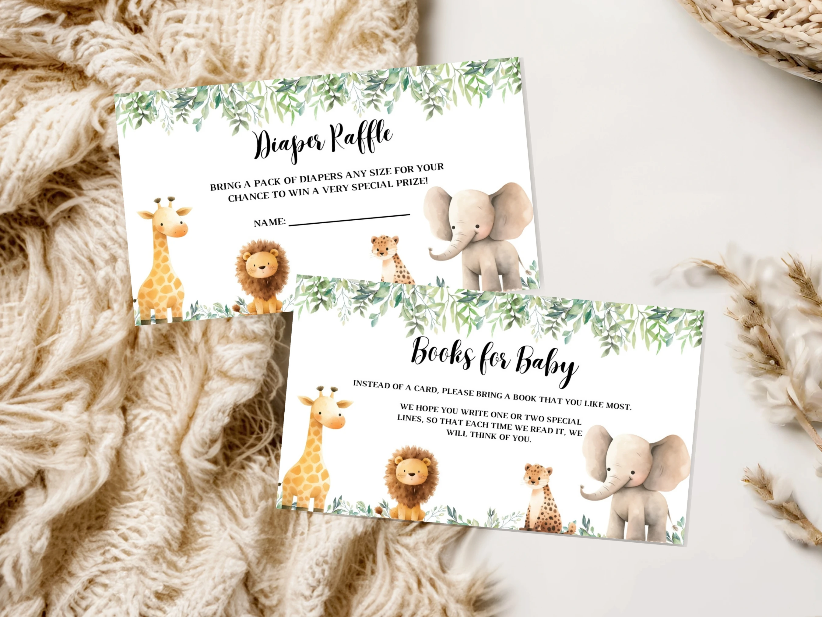 Safari Baby Shower Diaper Raffle Card | Jungle Animals Books For Baby Card | Editable Canva Template | Digital Download
