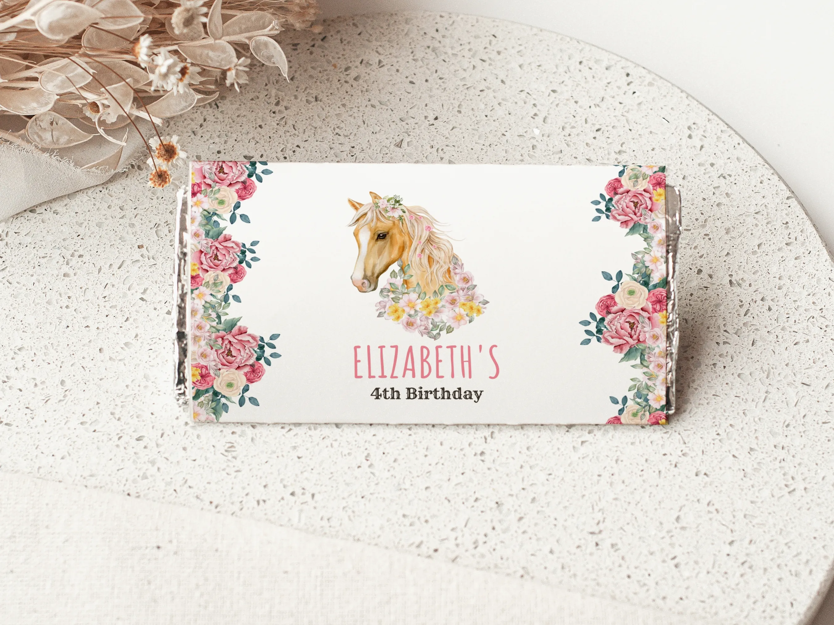 Horse birthday chocolate wrappers with floral pony design, matching candy wrappers and candy bar labels, editable Canva template by fllcdesigns