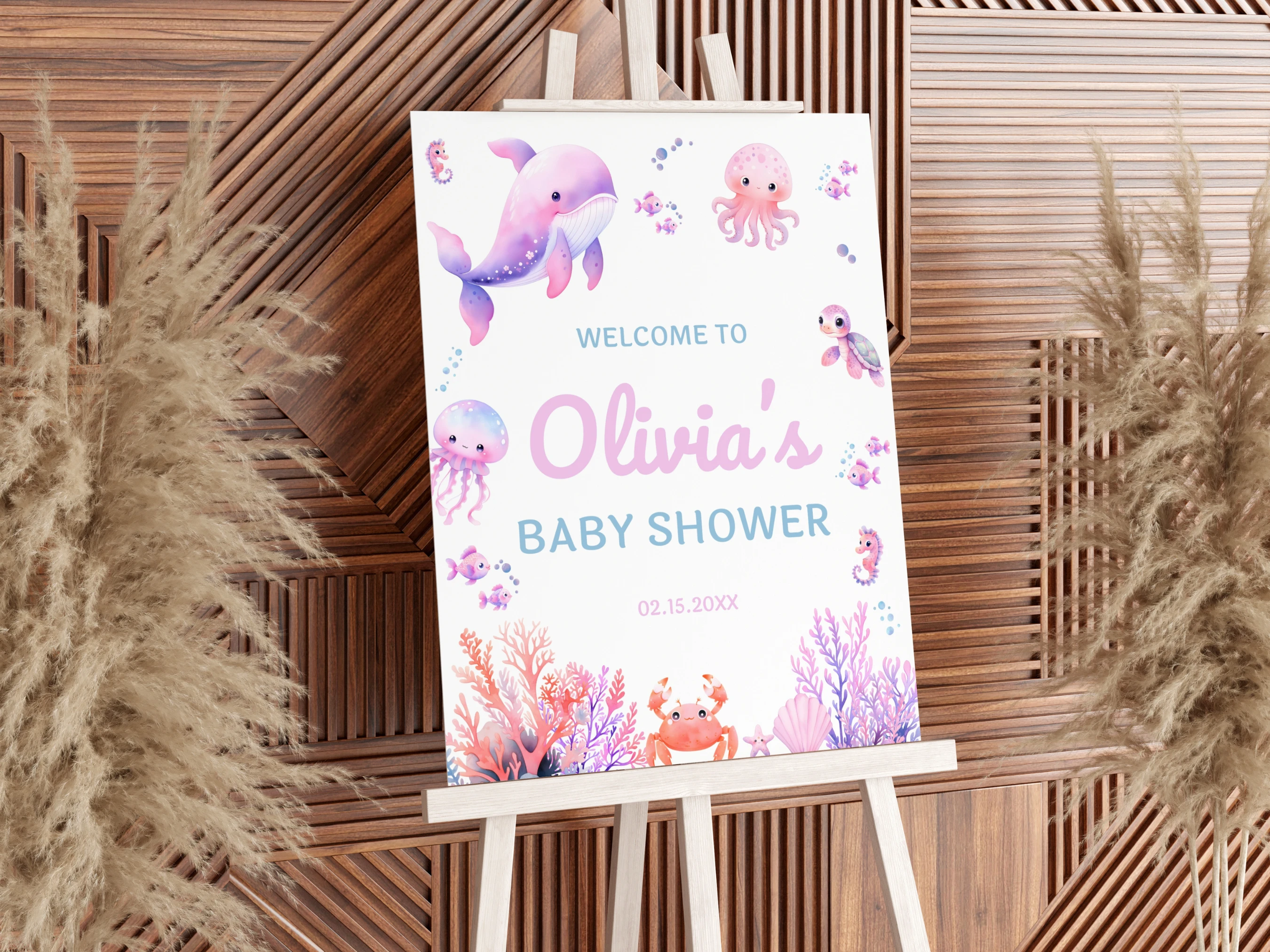 Under The Sea Baby Shower Welcome Sign | Pink Ocean Animals Welcome Board For Baby Girl | Editable Canva Template | Digital Download
