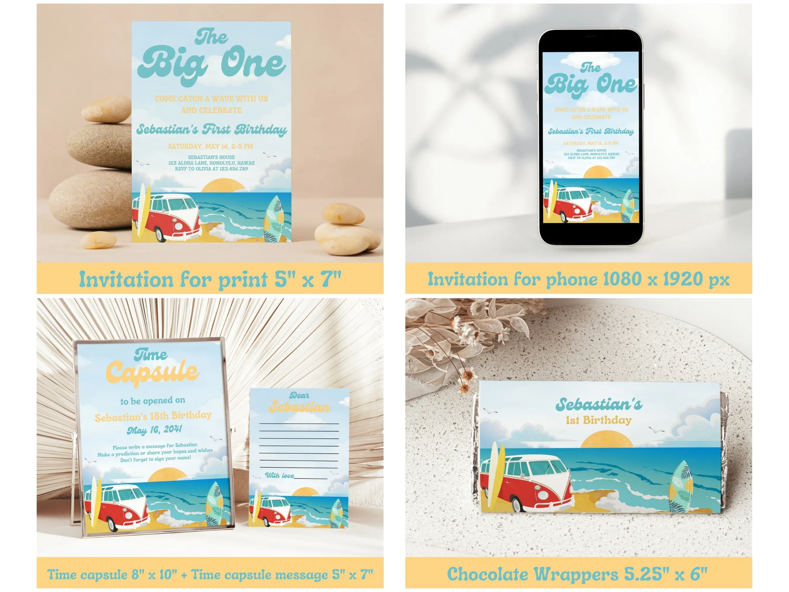 The Big One Birthday Bundle | Surf Birthday Party | Beach Theme | VW Truck | Editable Canva Template | Digital Download