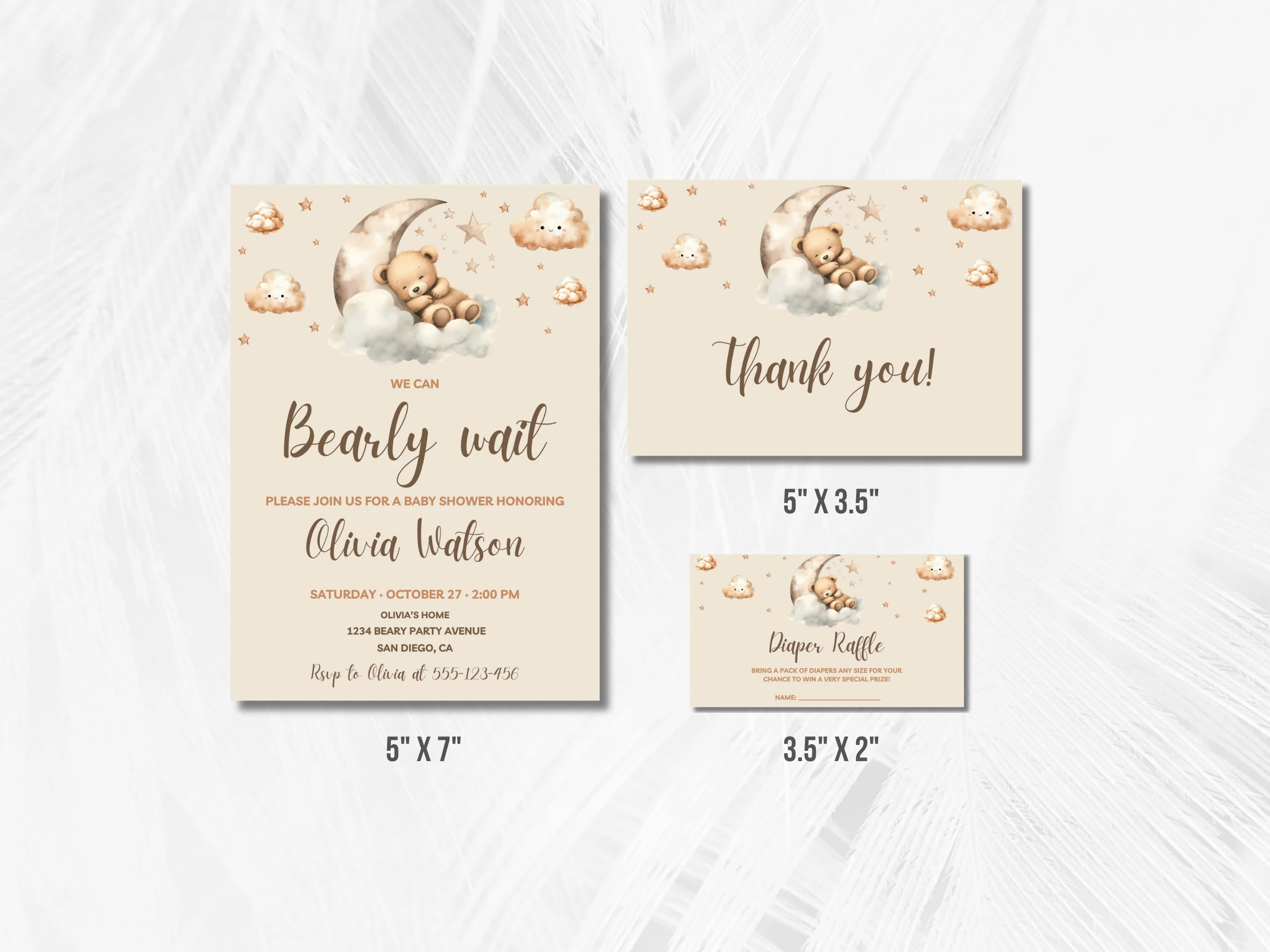 Sleeping Teddy Bear Baby Shower Invitation Set | Beige And Gold Over The Moon Starter Pack | Editable Canva Template | Digital Download