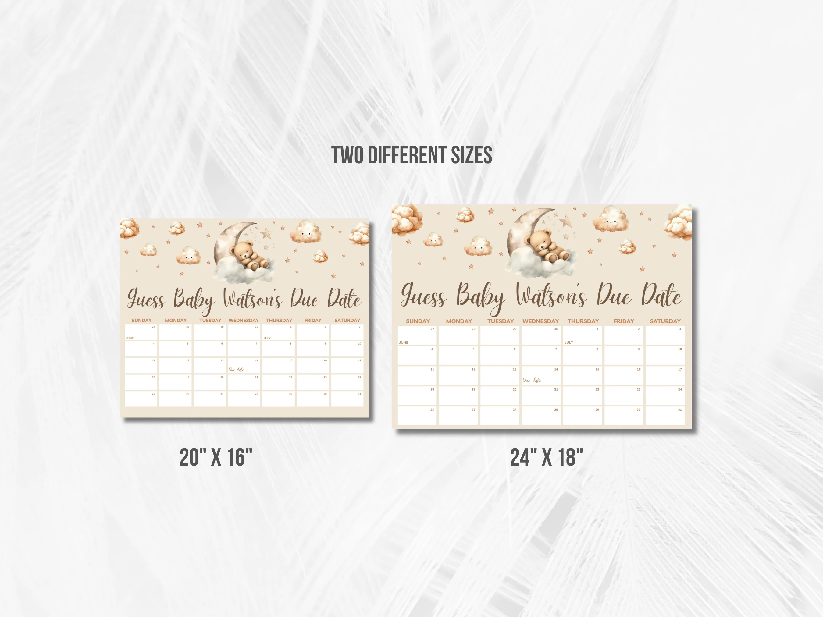 Sleeping Teddy Bear Baby Due Date Calendar | Over The Moon Beige Gold Prediction Game | Guess The Birthday | Editable Canva Template | Digital Download