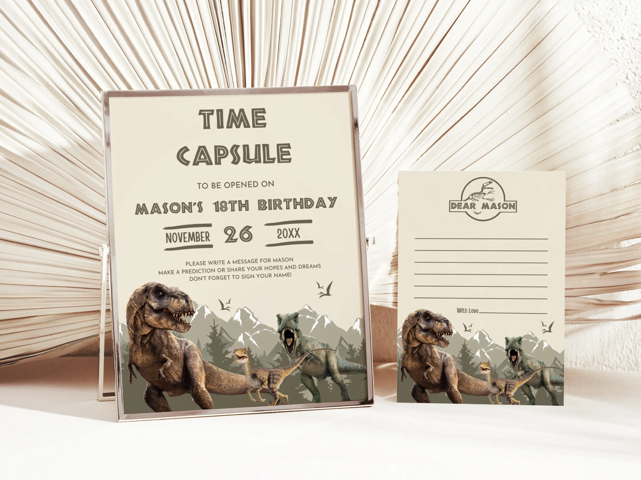 Dinosaur birthday time capsule with Jurassic party guest book and wishes cards, editable Canva template, digital download.