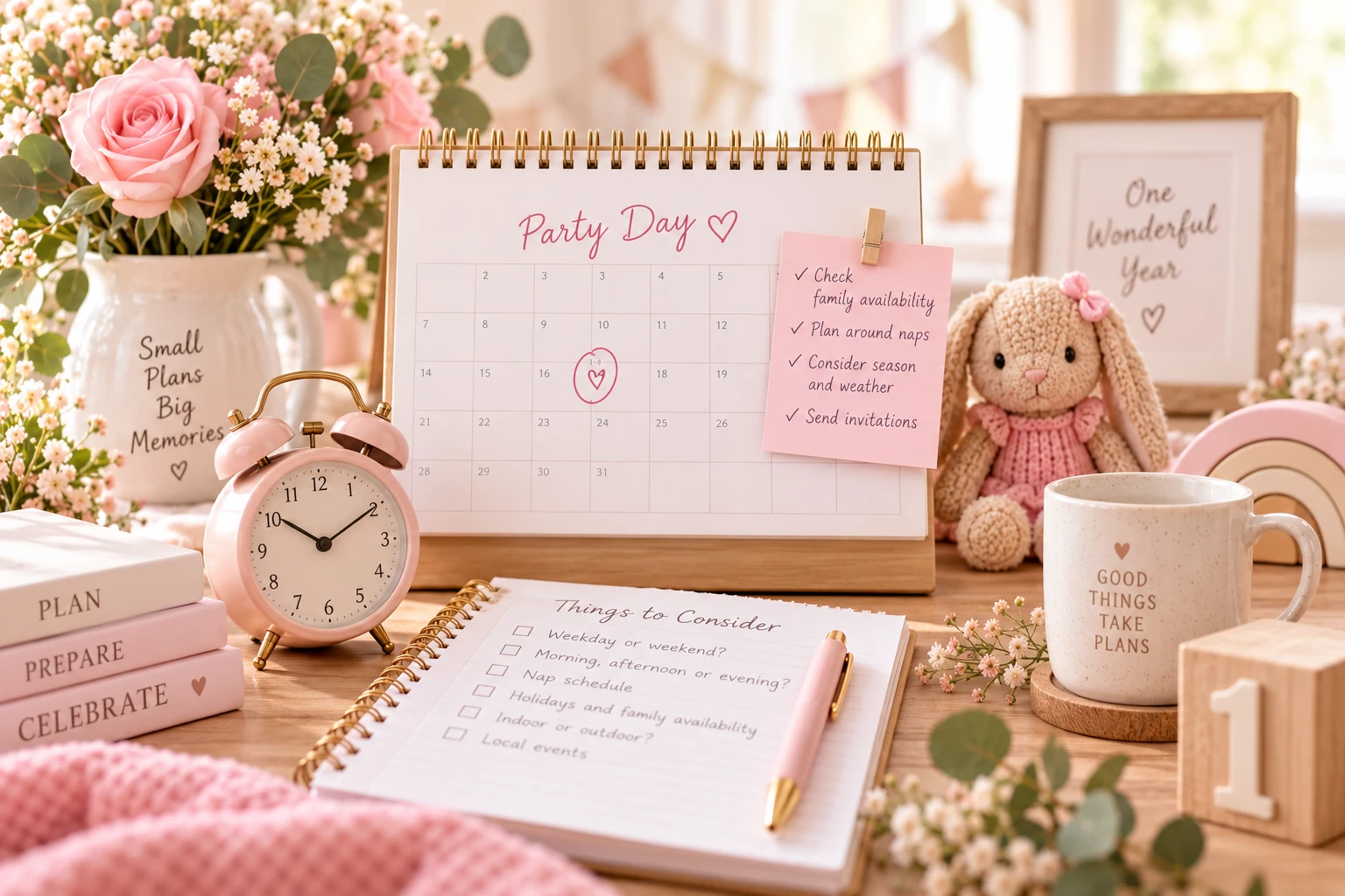 First birthday party date planning calendar with pink decorations and planning notes