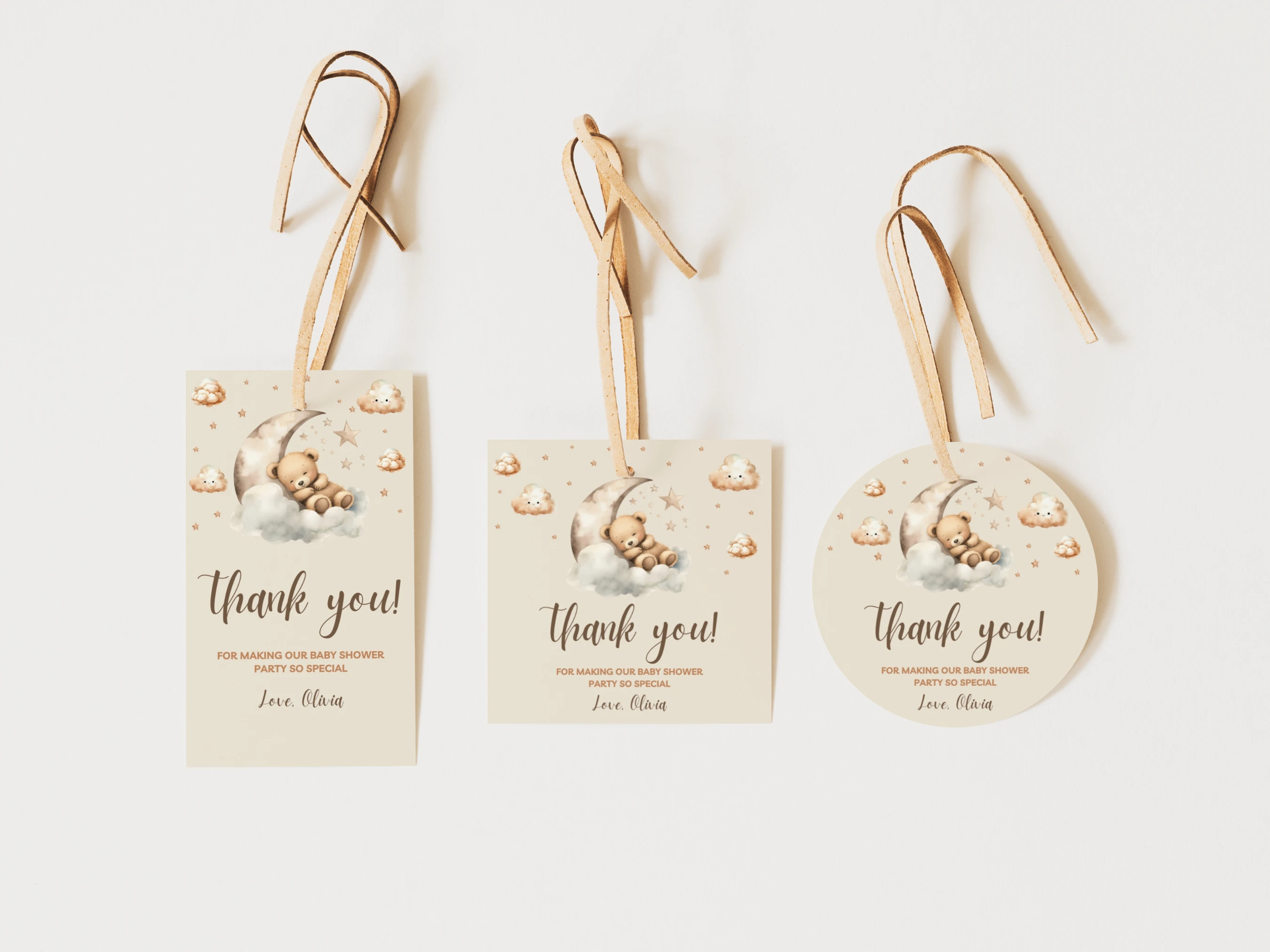 sleeping teddy bear baby shower thank you tags moon stars beige gold favors canva template digital download, teddy bear baby shower favor tags over the moon beige gold decorations canva template