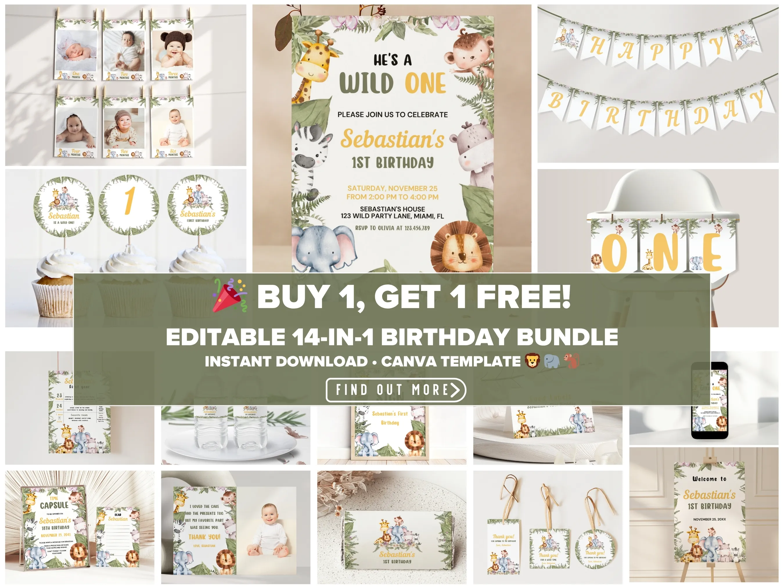 Wild One safari birthday bundle — jungle animal theme editable Canva templates for invitations, signs & party decorations (digital download)