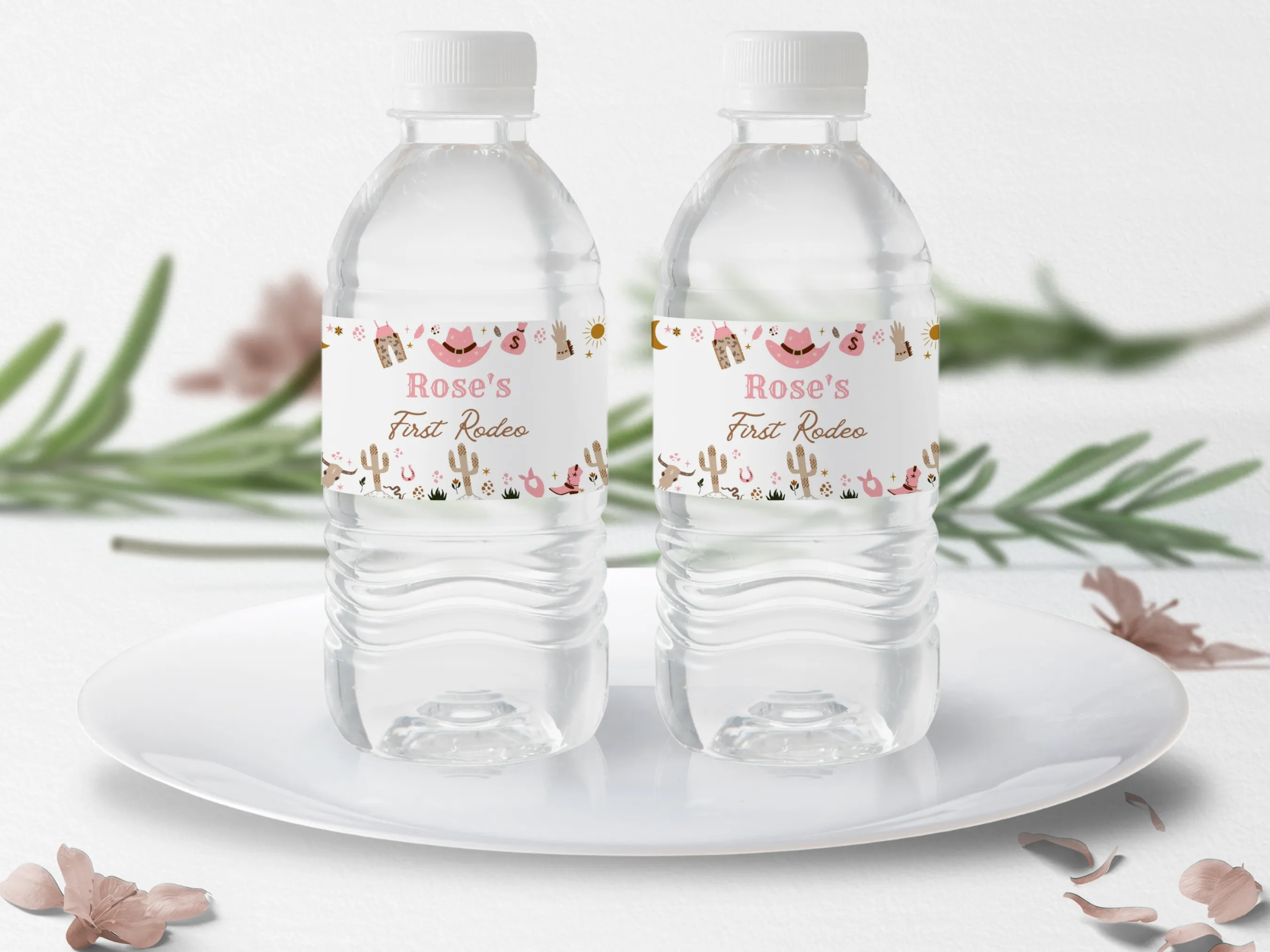 My First Rodeo cowgirl water bottle labels with pink western theme, personalized bottle wraps and bottle stickers by fllcdesigns