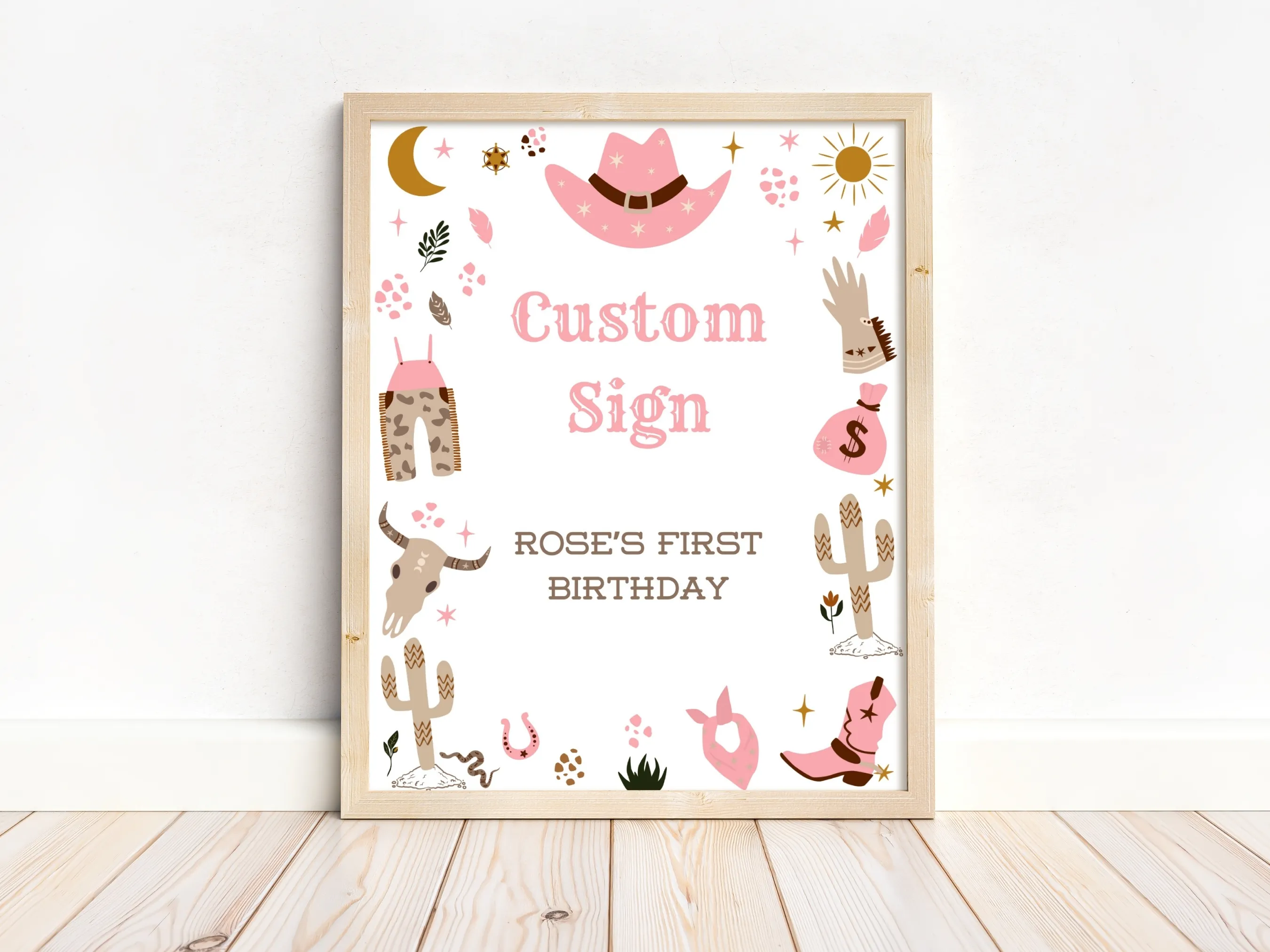 My First Rodeo custom birthday sign with cowgirl western theme, customizable cards and gifts or gift table sign, editable Canva template by fllcdesigns