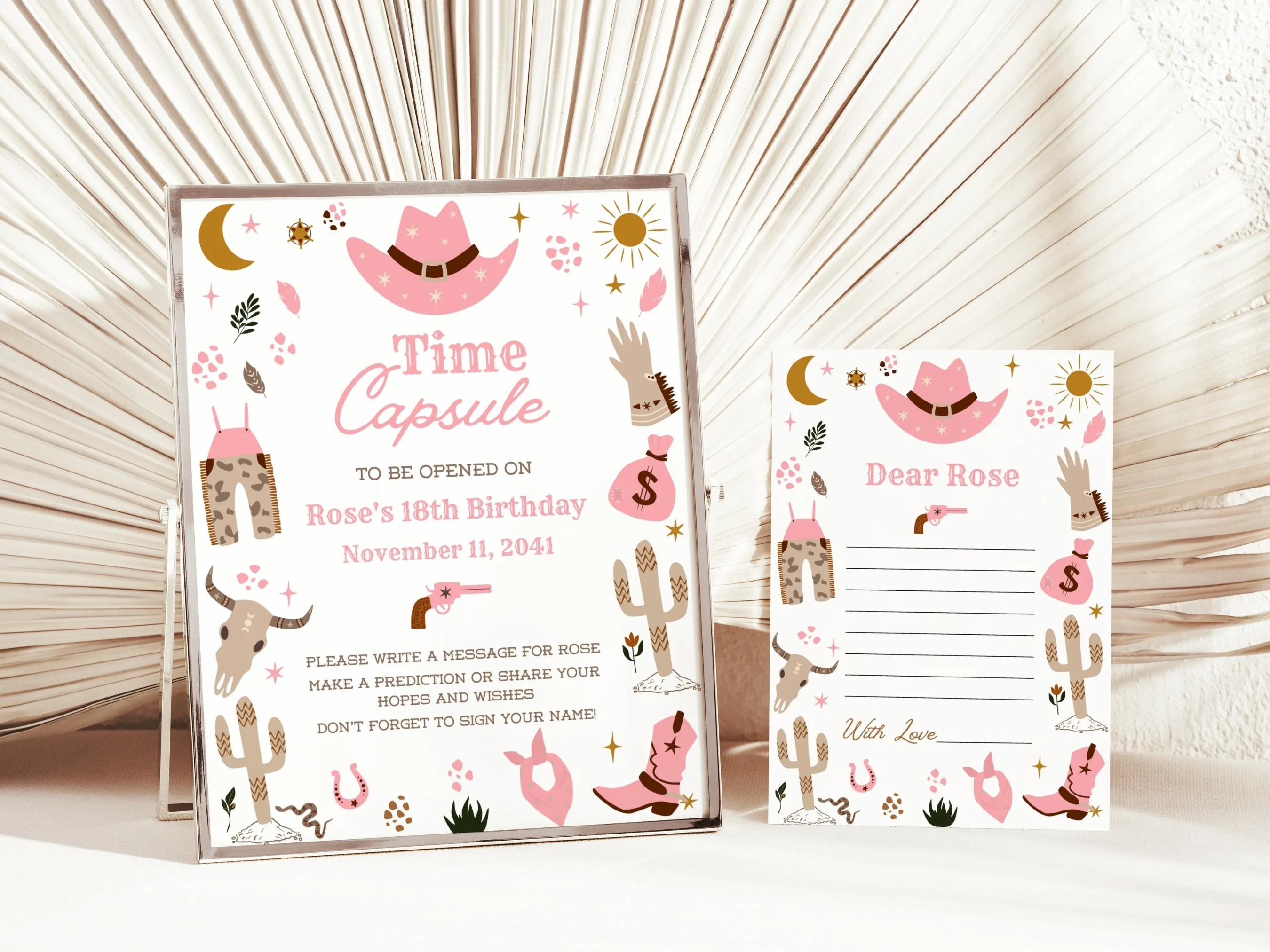 My First Rodeo birthday time capsule sign and wishes card with cowgirl theme, editable Canva guest book template, digital download.