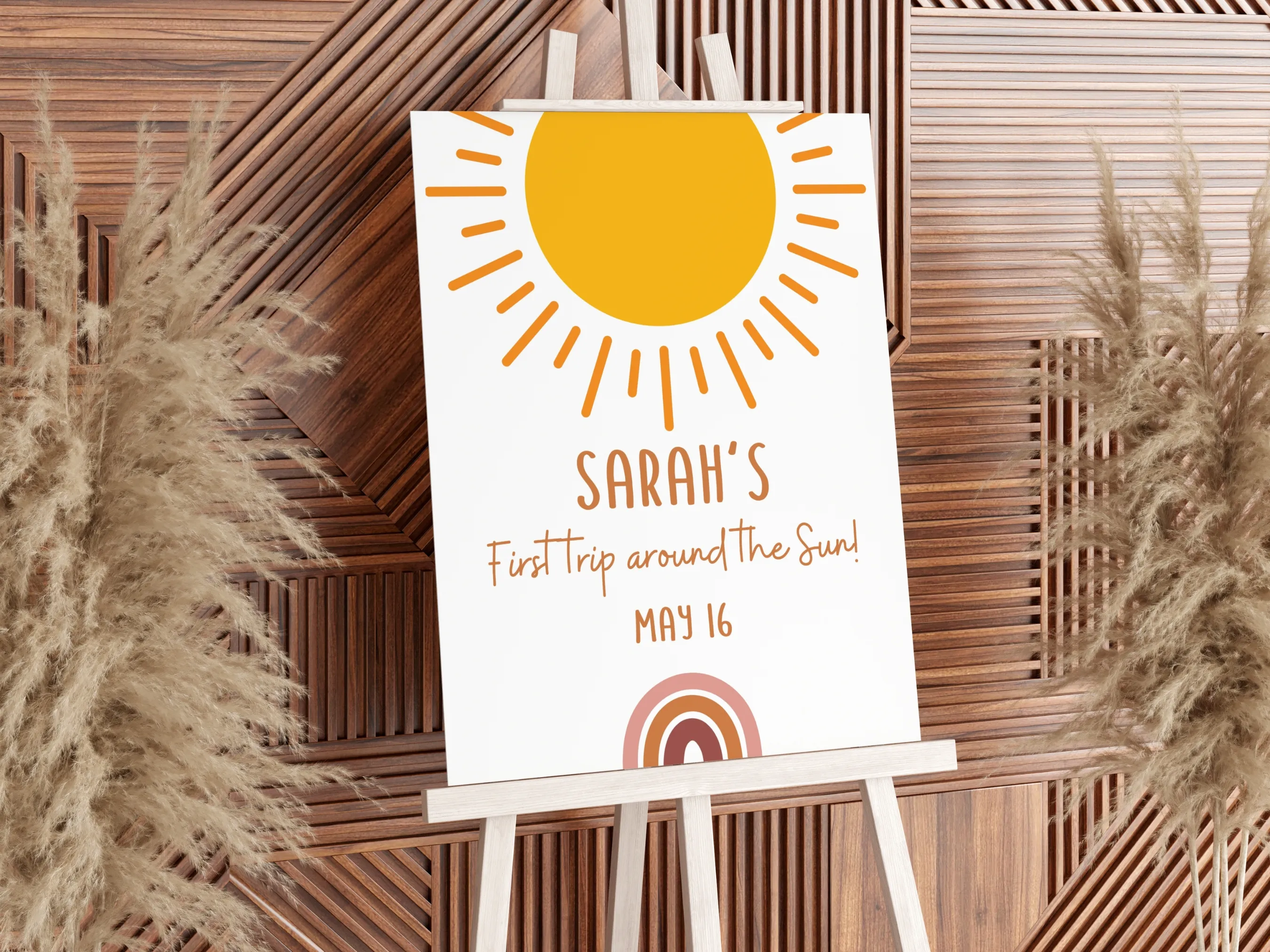 First Trip Around the Sun welcome sign with boho sunshine theme, 1st birthday party welcome board, editable Canva template, digital download.