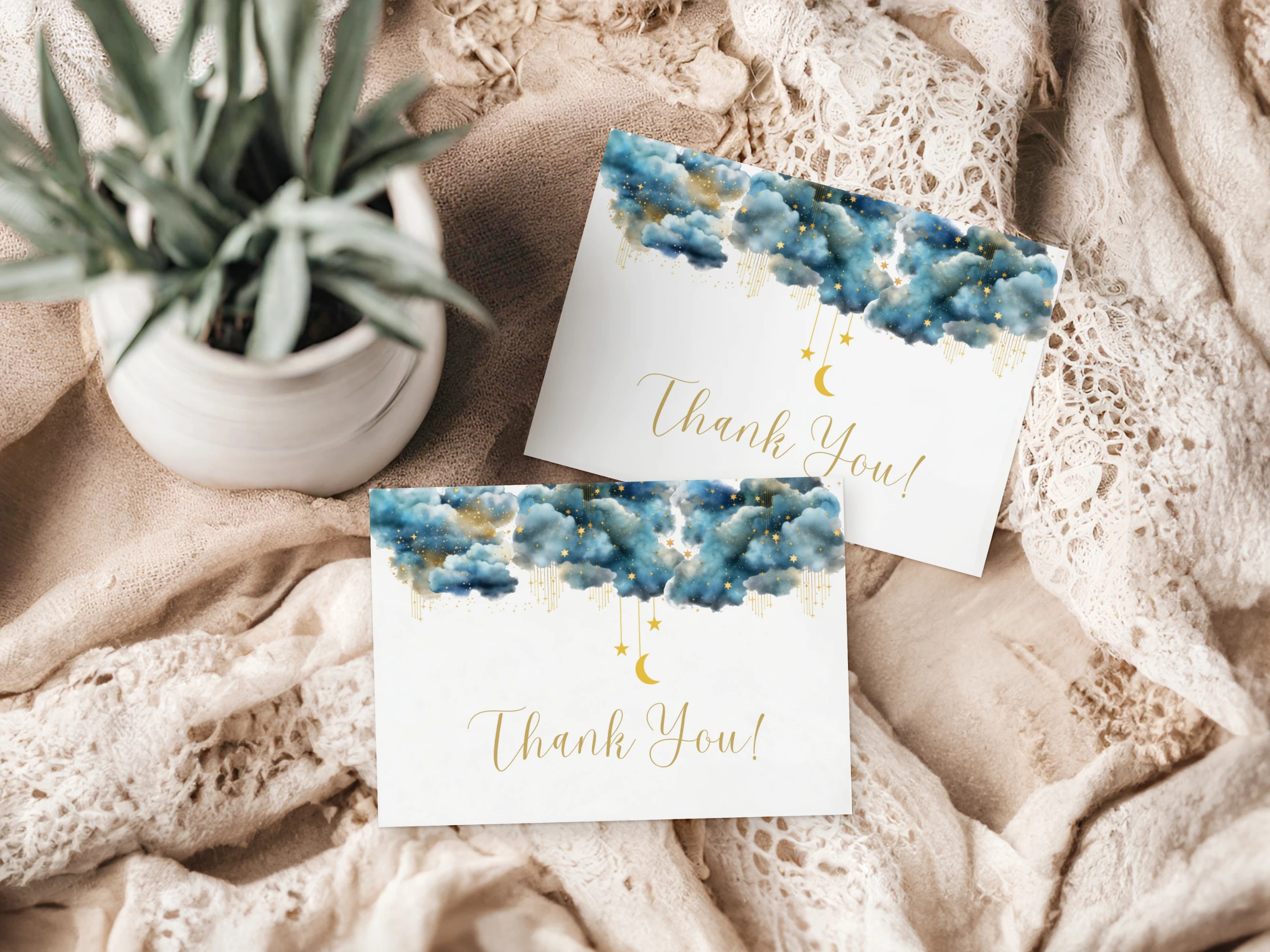 twinkle little star baby shower thank you card, over the moon thank you note, moon and stars thank you card printable, blue and gold baby shower thank you template, editable baby shower thank you card Canva