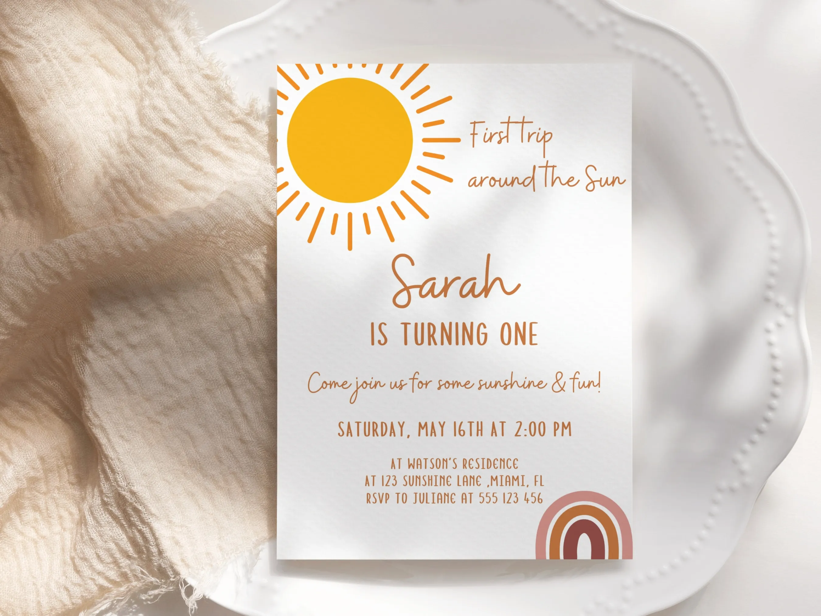 First Trip Around the Sun invitation — boho rainbow theme editable Canva template for kids’ birthday party (digital download)