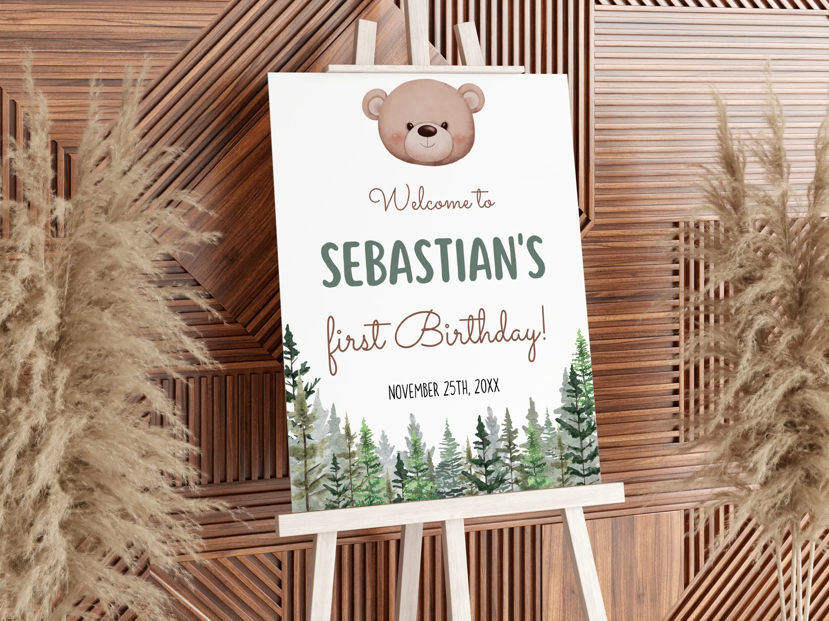 Woodland birthday welcome sign with brown bear theme, forest party welcome board, editable Canva template, digital download.