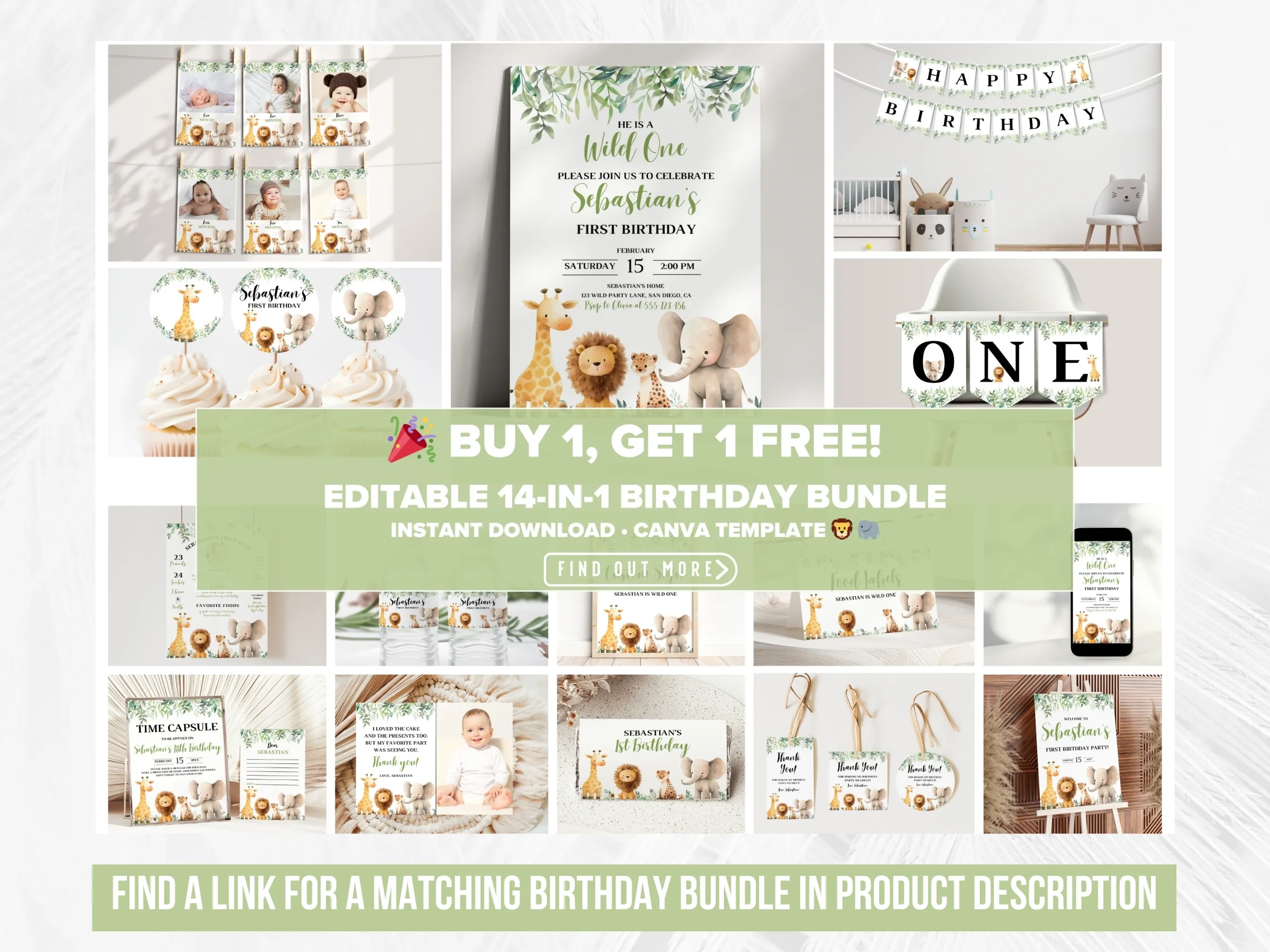 Wild One Birthday Milestone Board | Safari Jungle Animal Poster | Editable Canva Template | Digital Download