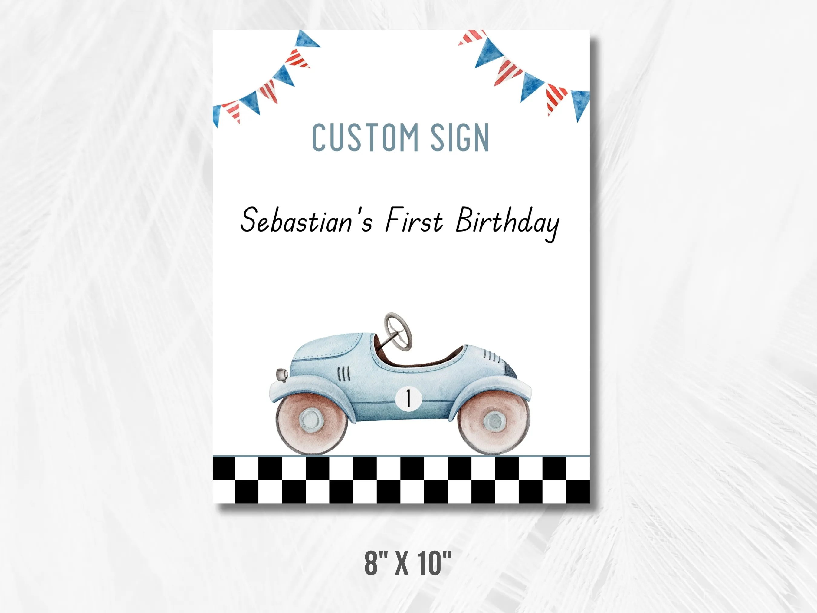 Fast One Birthday Custom Party Sign | Blue Vintage Race Car Birthday Sign | Editable Canva Template | Digital Download