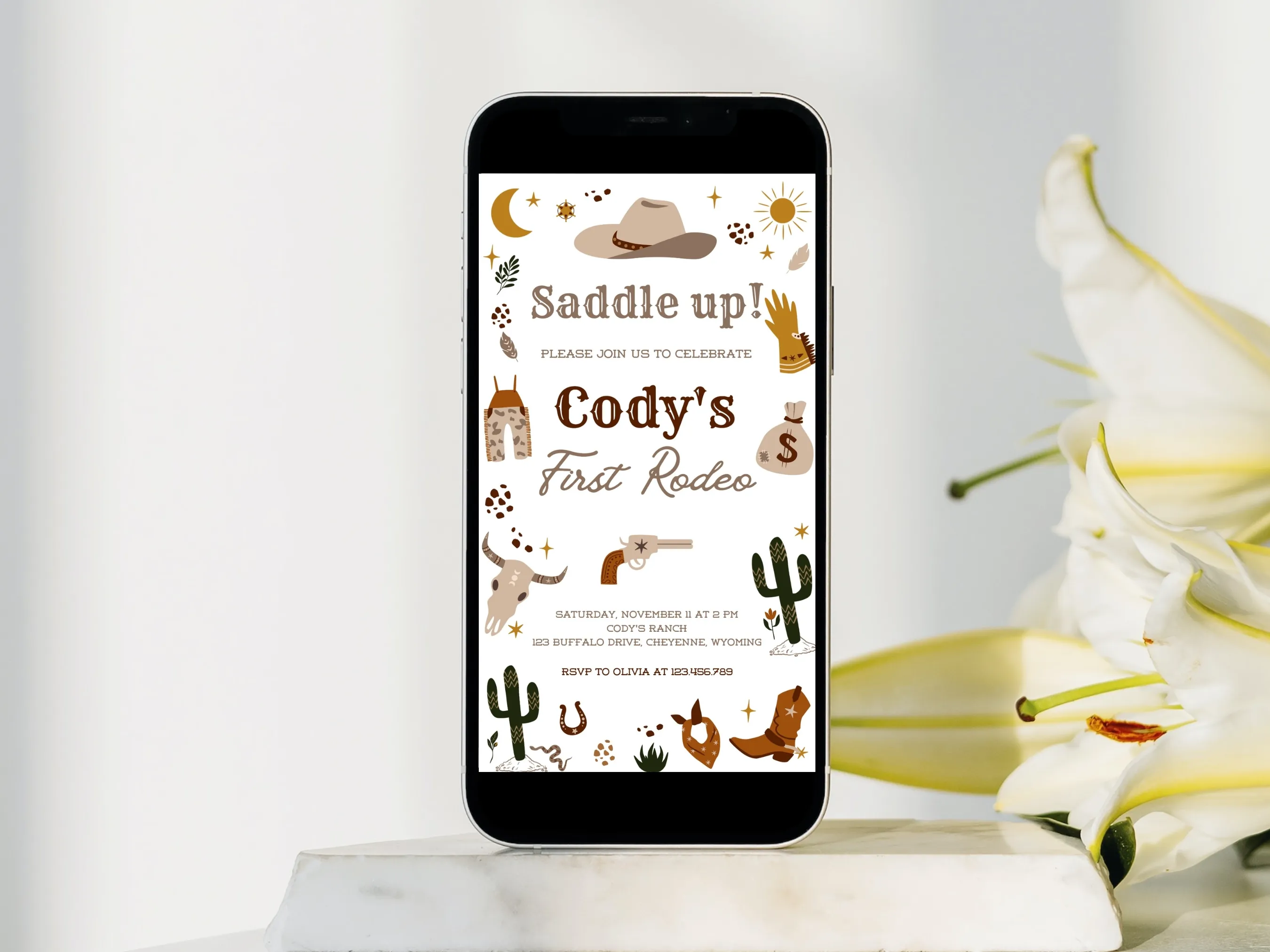 My First Rodeo birthday mobile invitation with cowboy western theme, editable Canva template for kids’ rodeo party, digital download.