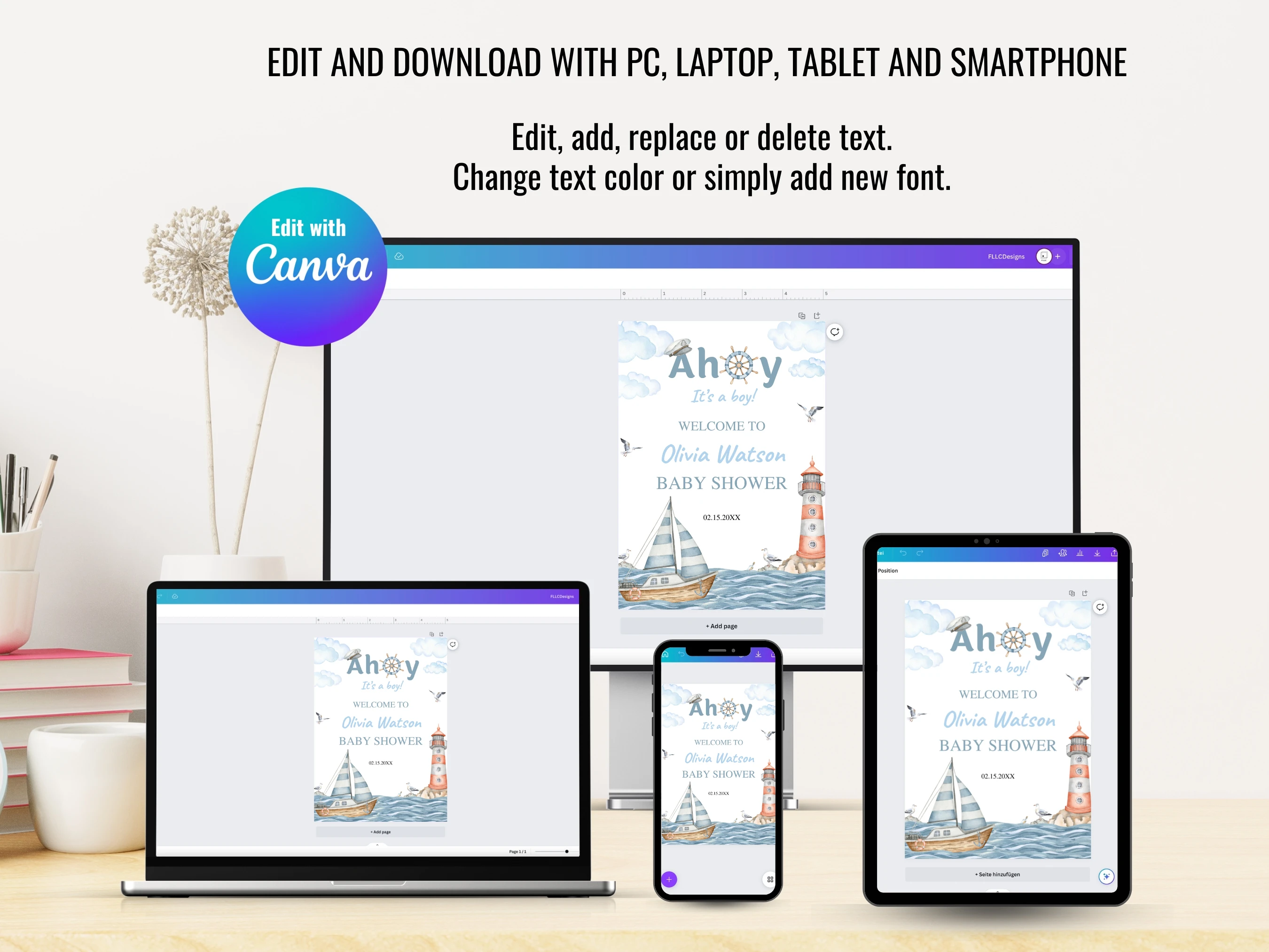 Nautical Baby Shower Welcome Sign | Ahoy It's a Boy Ocean Sailboat Lighthouse Welcome Board For Baby Boy | Editable Canva Template | Digital Download