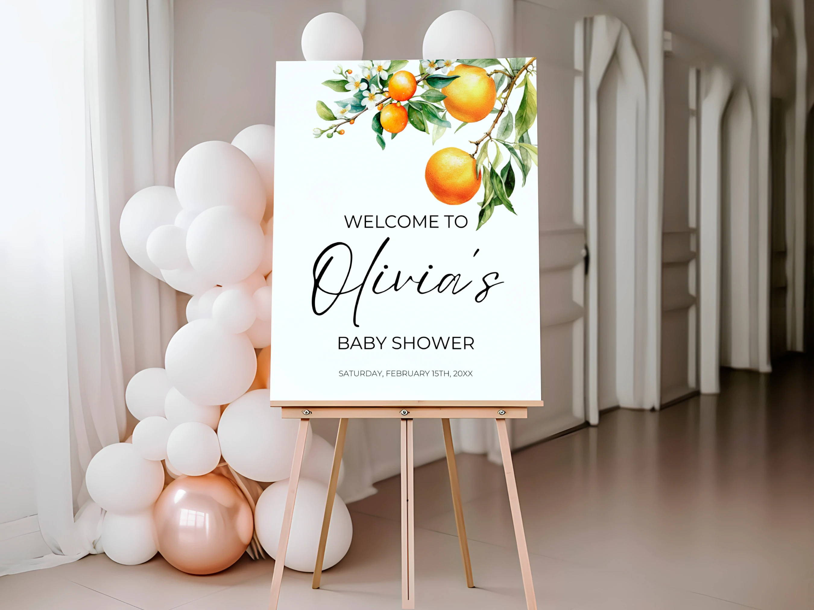 little cutie baby shower welcome sign orange clementine welcome board baby girl canva template digital download, orange baby shower welcome board citrus baby shower entrance sign canva template