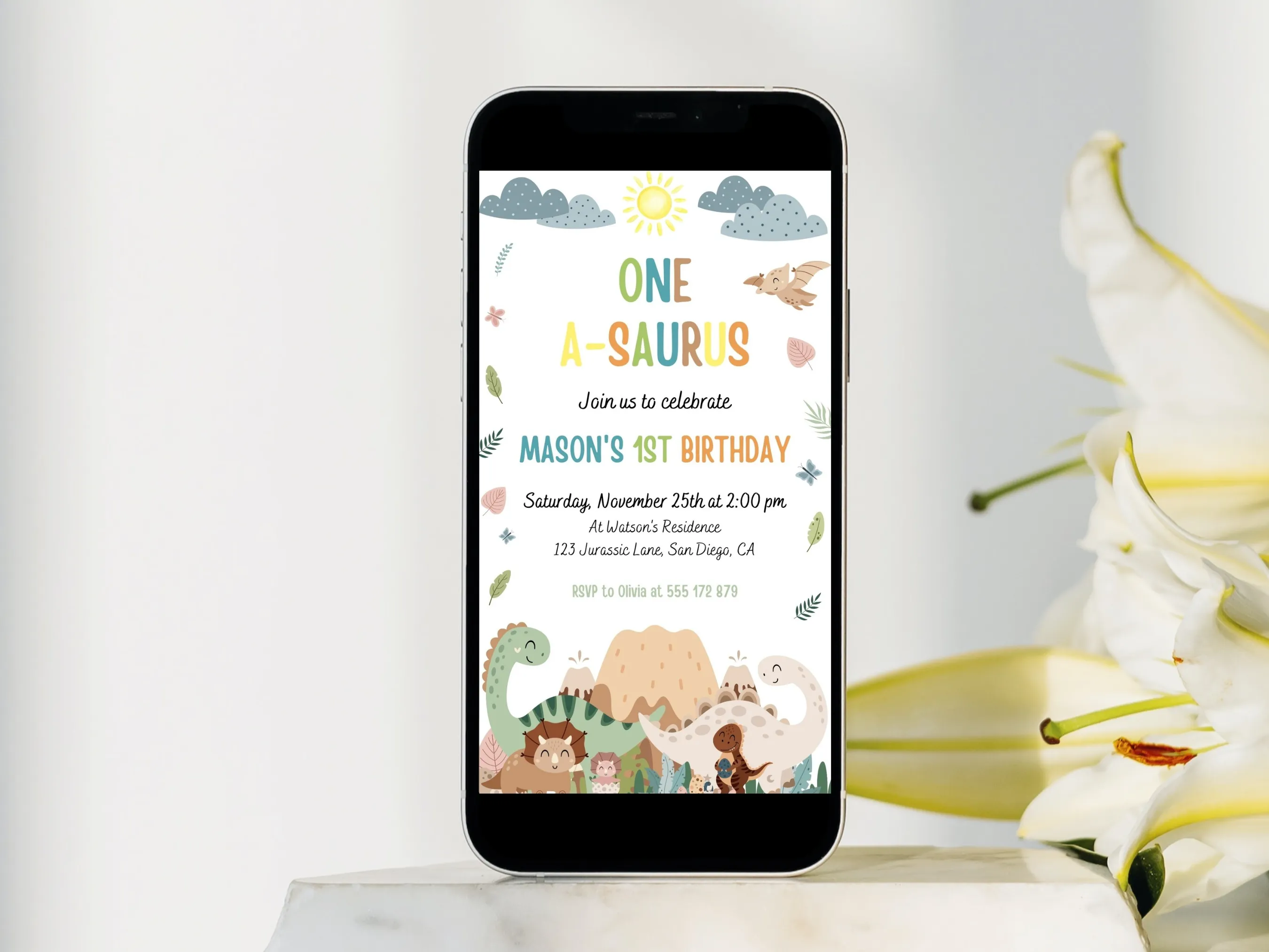 Baby boy dinosaur 1st birthday evite with cute dino party mobile invitation theme, editable Canva template, digital download.