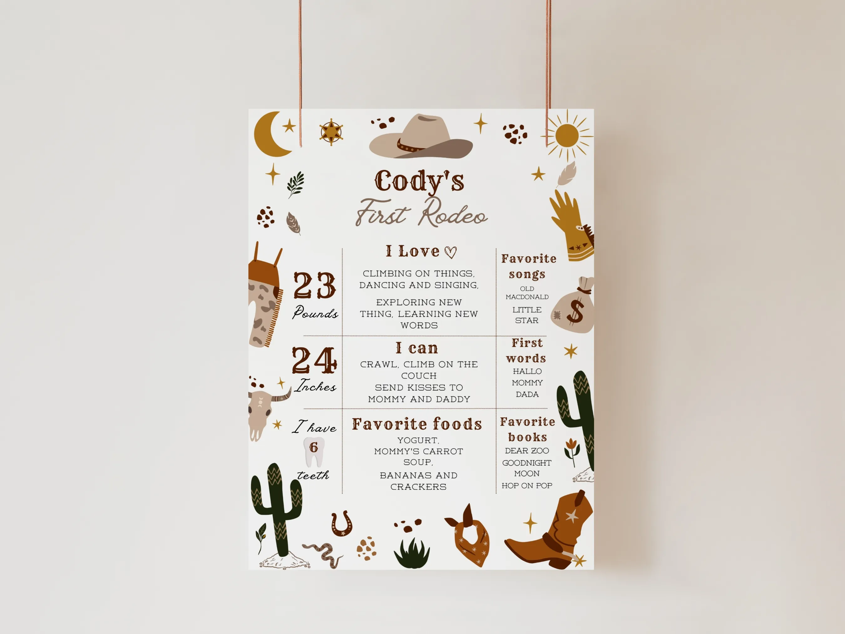 My First Rodeo birthday milestone board with cowboy western theme for a first birthday, editable Canva template digital download by fllcdesigns