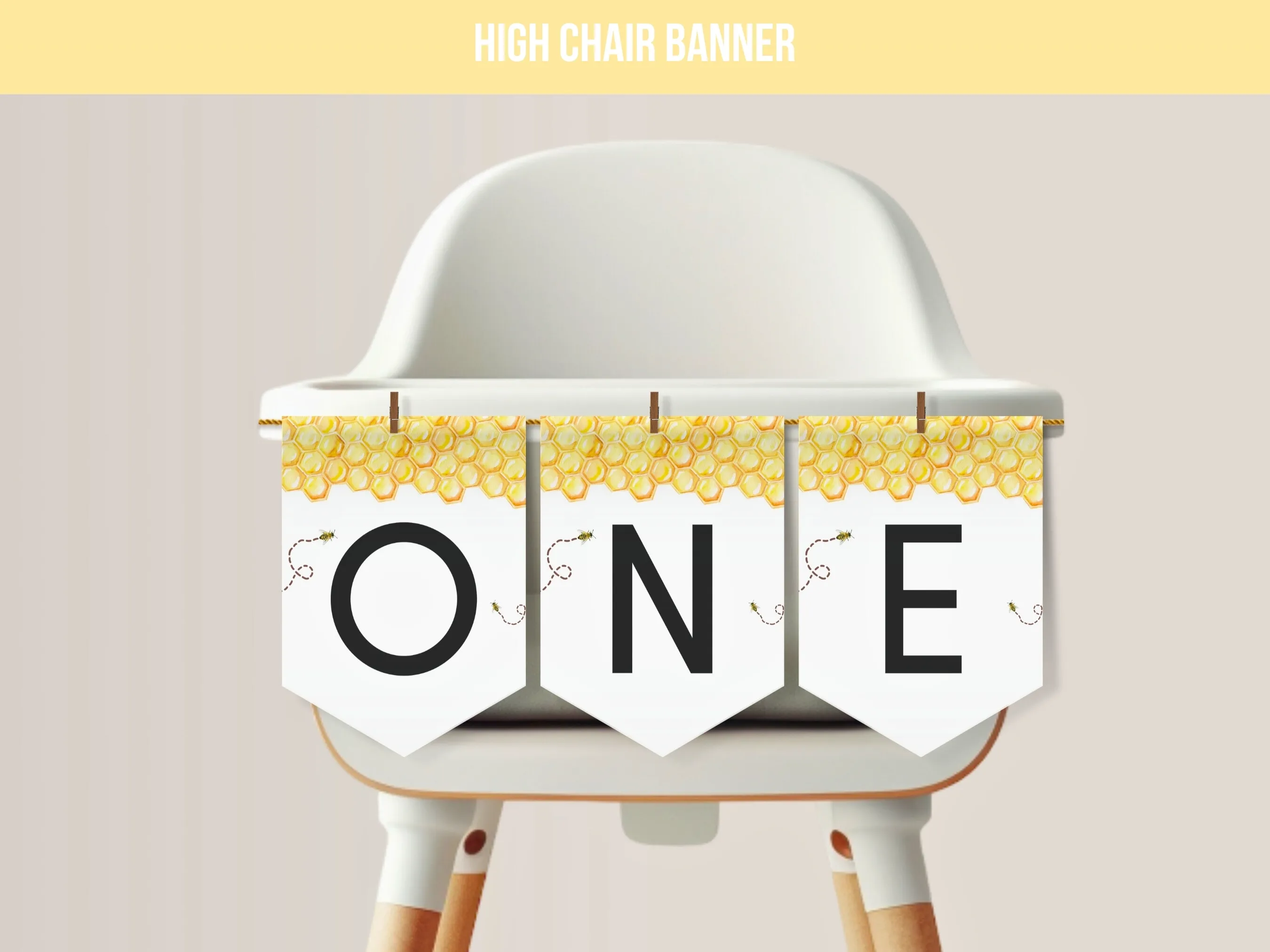 First Bee Day high chair banner with bumble bee design and ONE lettering for a honey bee birthday, editable Canva template digital download by fllcdesigns