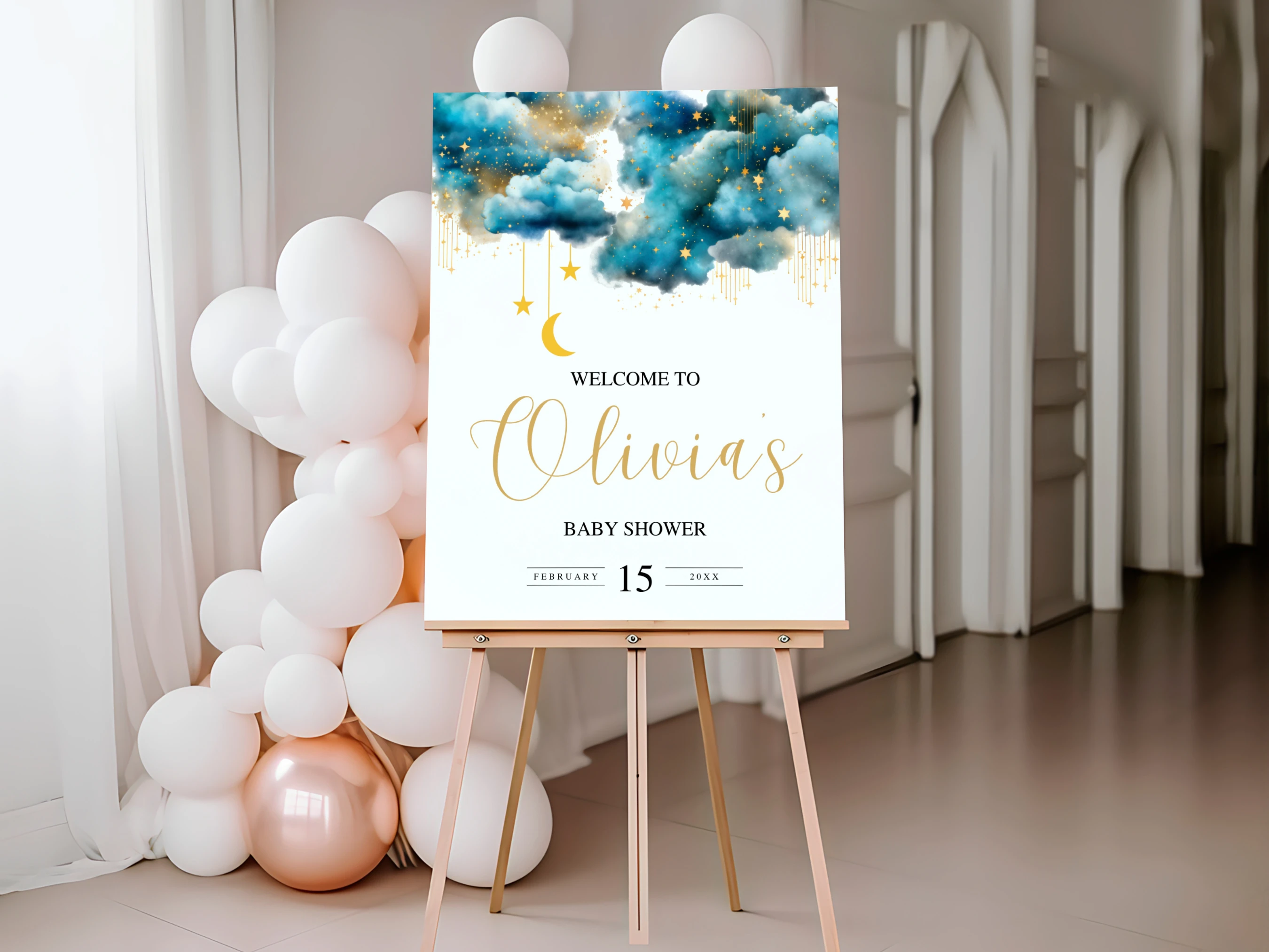 twinkle little star baby shower welcome sign moon stars blue gold board canva template digital download, moon and stars baby shower welcome board blue gold decorations canva template