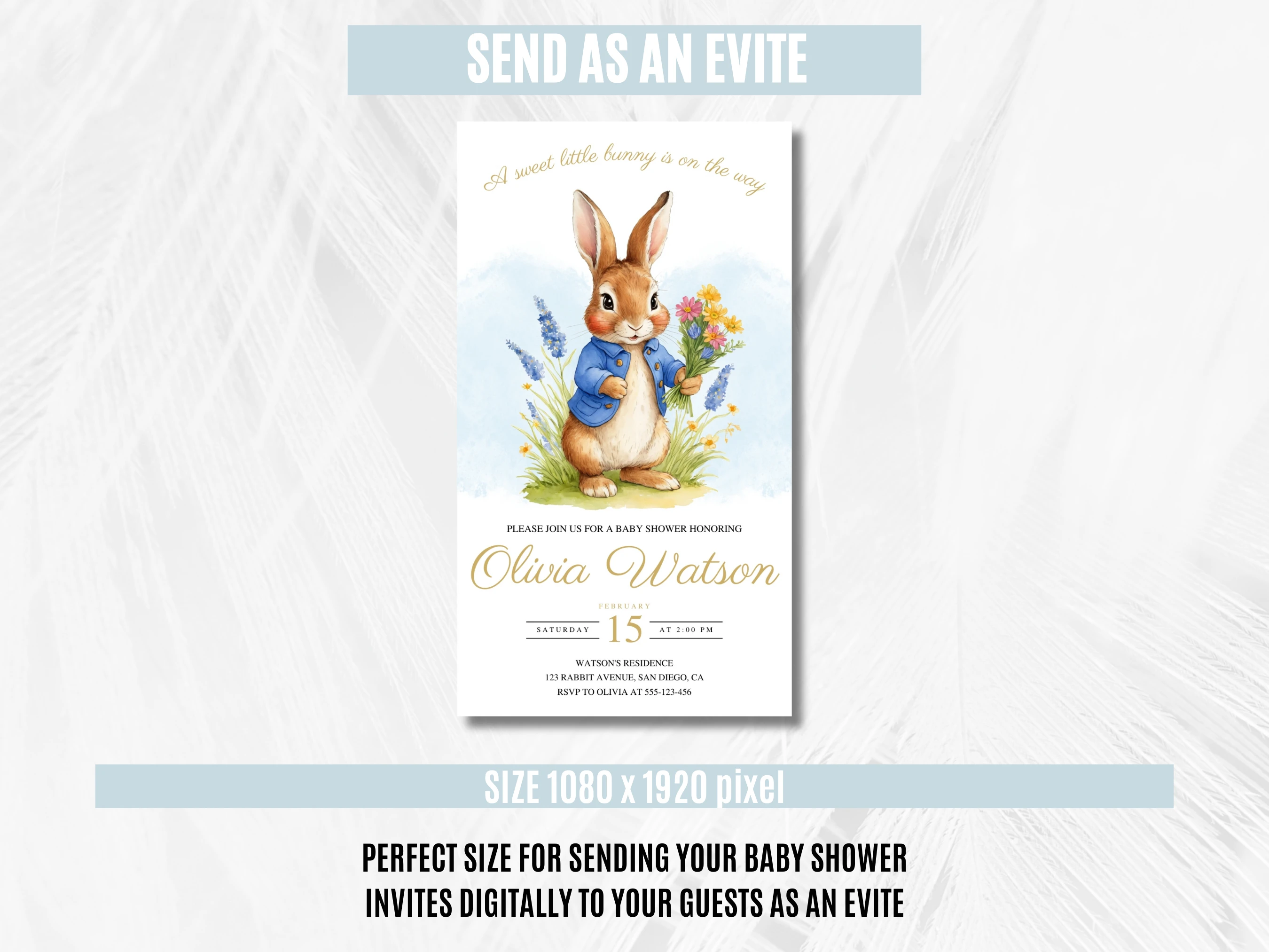 Peter Rabbit Baby Shower Mobile Invitation | Flopsy Bunny Baby Shower Digital Invite | Spring Greenery Baby Shower Party | Editable Canva Template | Digital Download