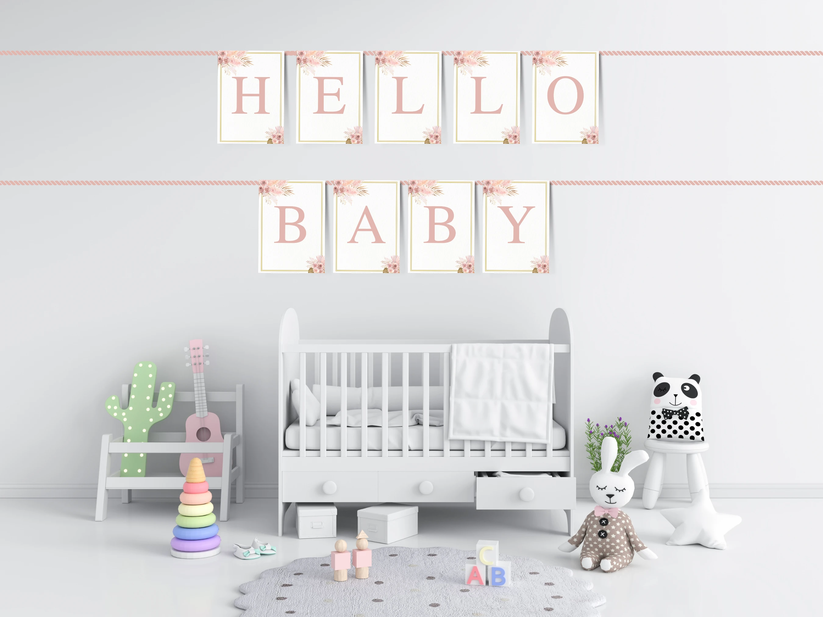 boho baby shower banner, pampas grass baby shower bunting, gold baby shower banner printable, rose gold baby shower decorations, editable baby shower banner Canva