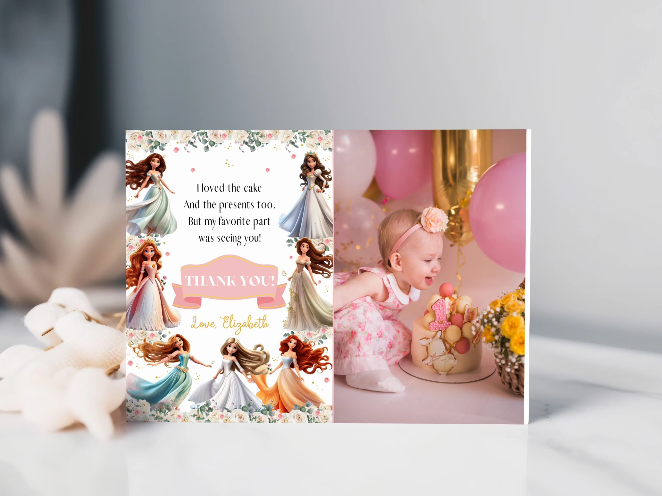 princess birthday thank you card, royal party thank you note, birthday thank you card with photo, princess birthday thank you note, printable kids thank you card