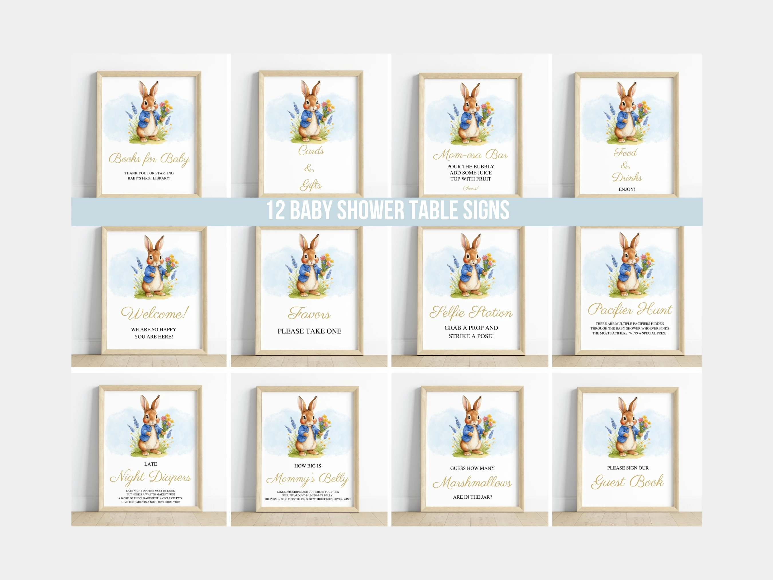 peter rabbit baby shower table sign printable, flopsy bunny late night diapers sign, spring baby shower pacifier hunt sign, diaper raffle baby shower sign printable, editable baby shower sign Canva