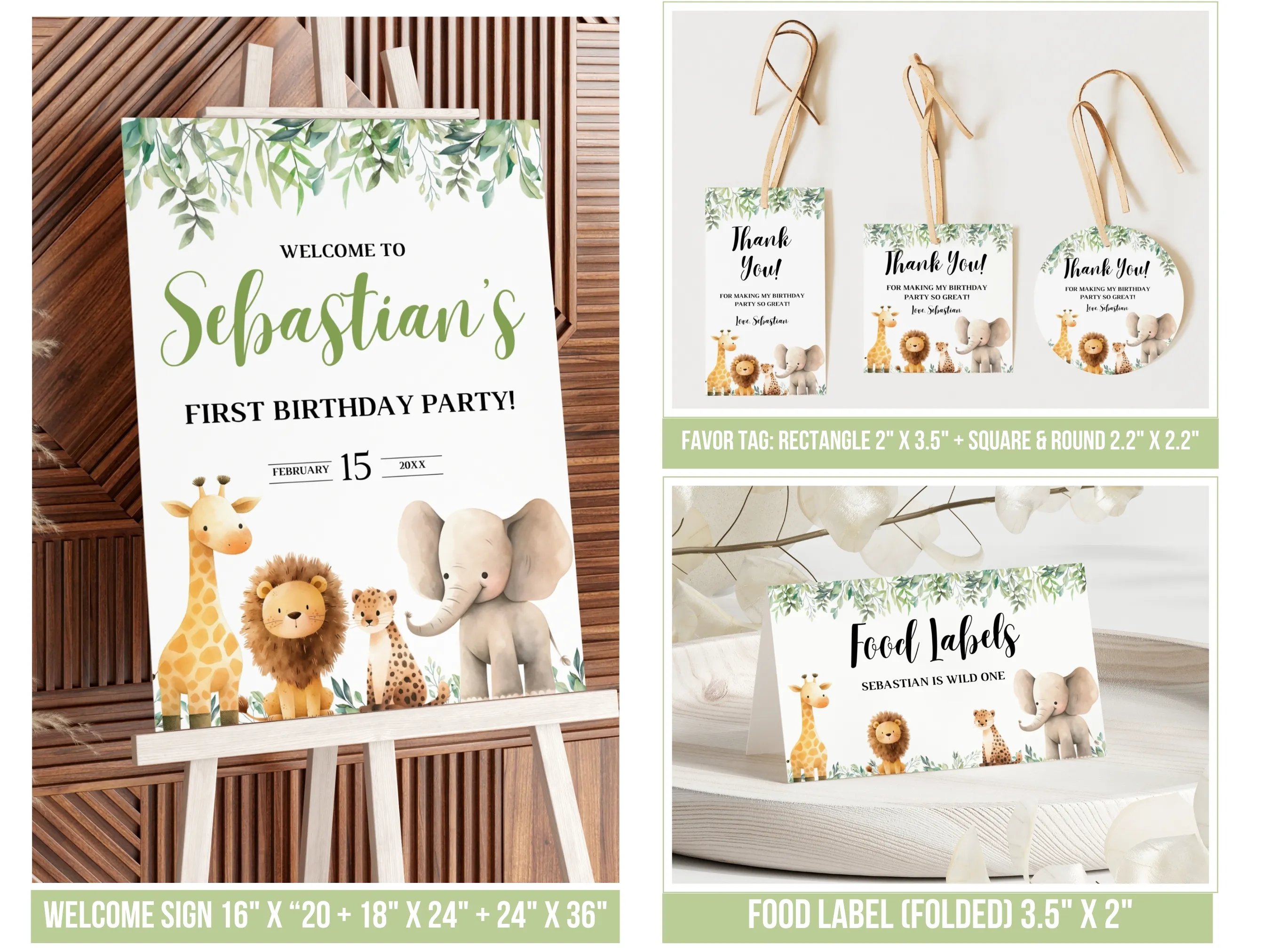 Wild One Safari Birthday Bundle | Jungle Animals Birthday Decorations | Editable Canva Template | Digital Download