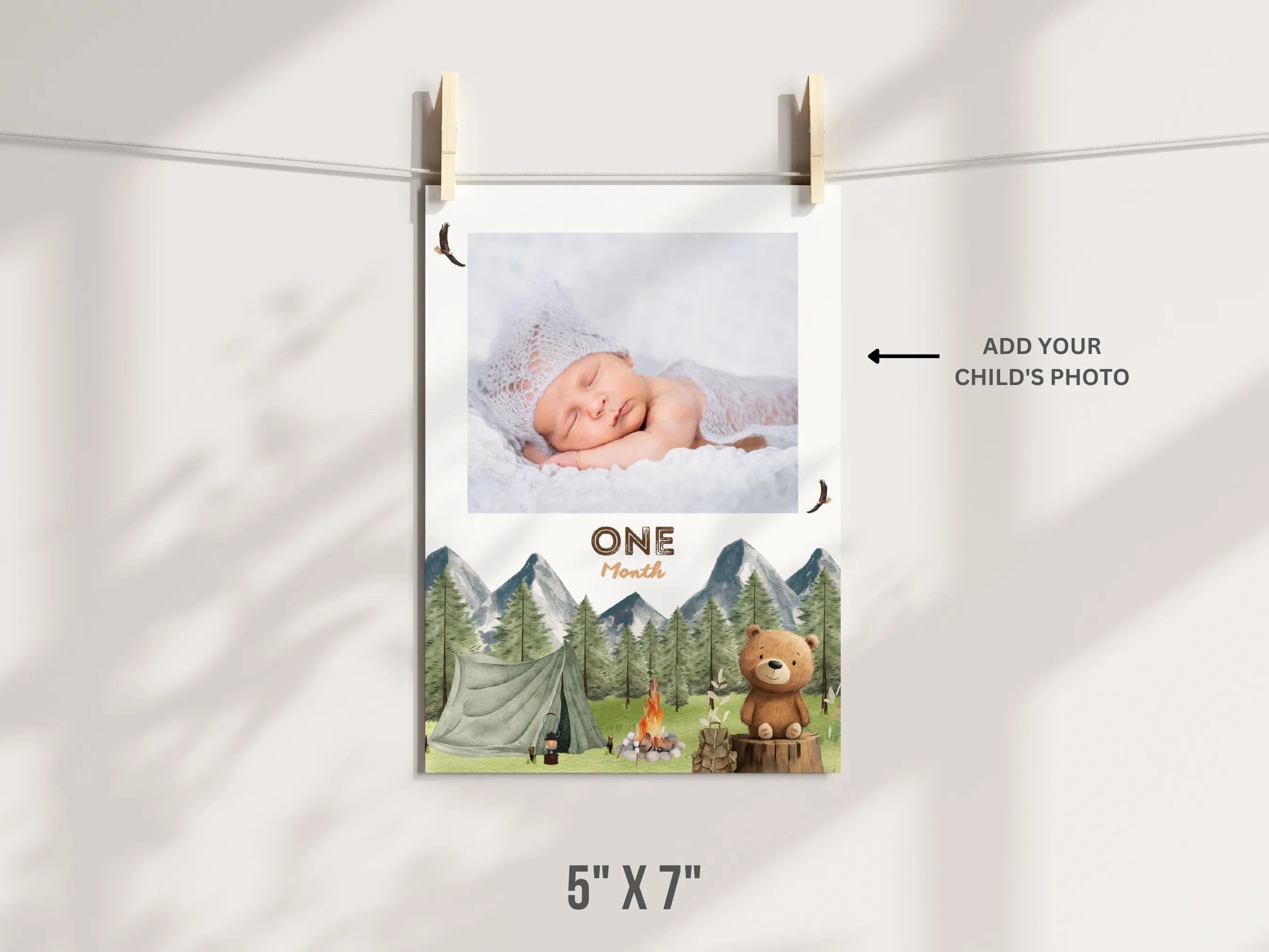One Happy Camper Baby Photo Banner | Woodland Birthday Milestone Banner | Editable Canva Template | Digital Download