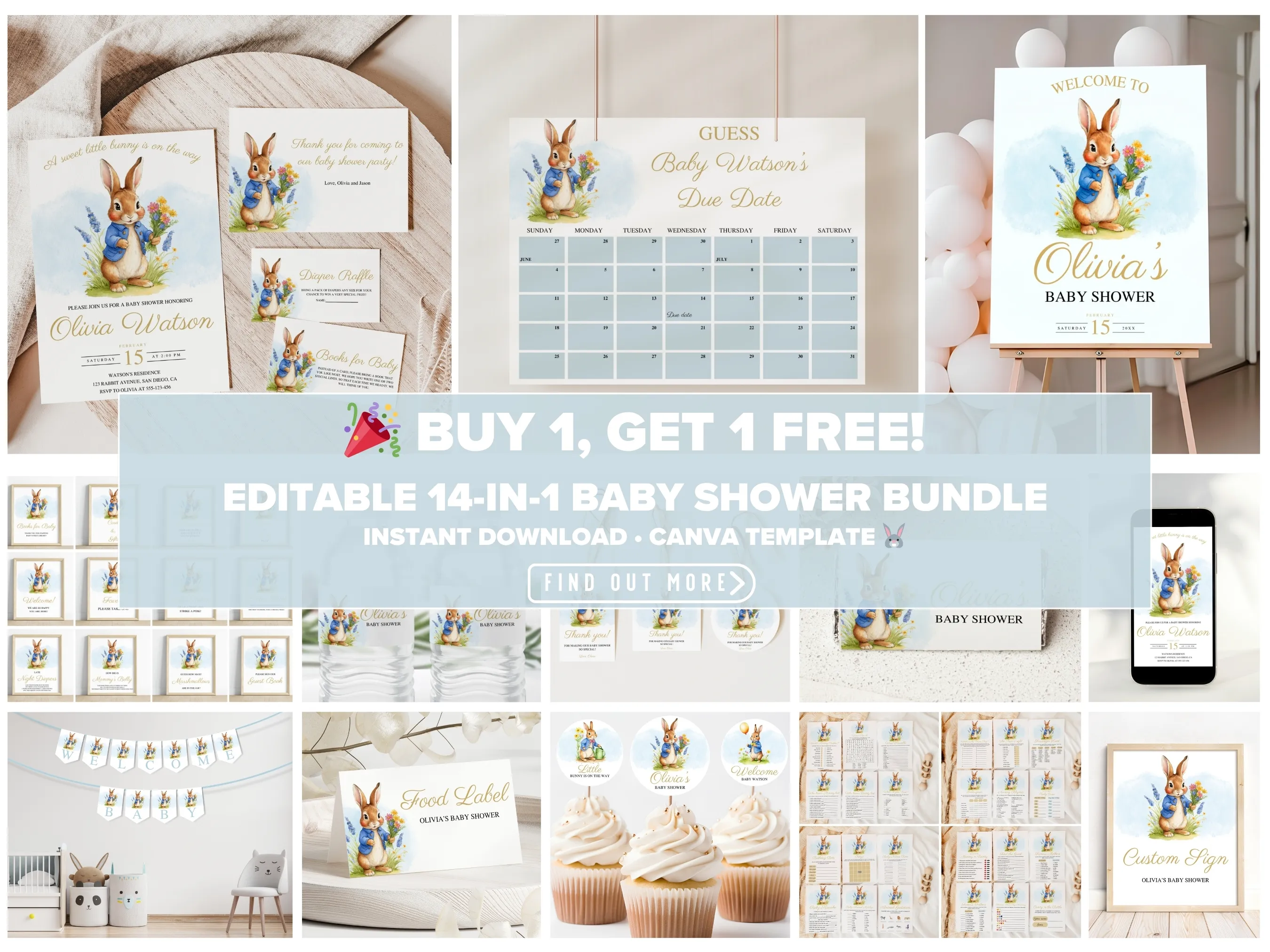 Peter Rabbit baby shower theme editable Canva templates digital download by fllcdesigns
