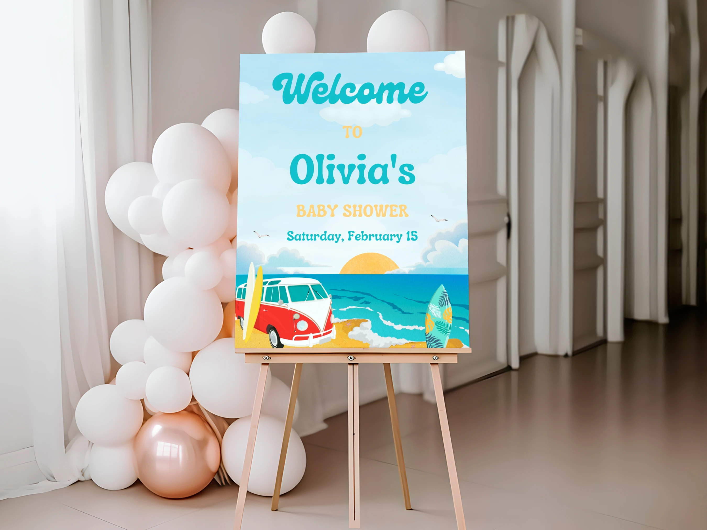baby on board baby shower welcome sign surf ocean tropical beach board canva template digital download, surf ocean baby shower welcome board tropical beach decorations canva template