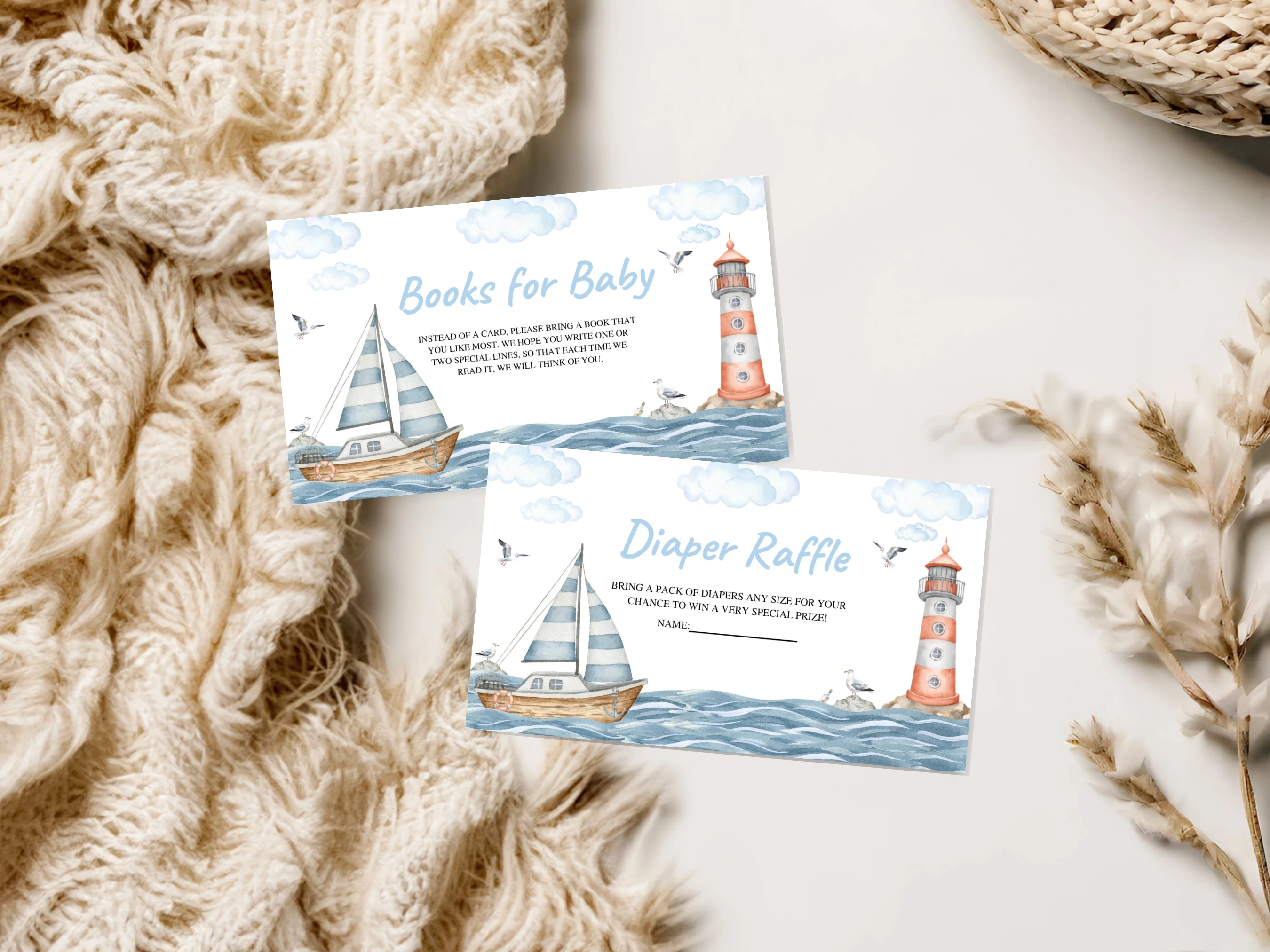 Nautical Baby Shower Diaper Raffle Card | Ahoy It's a Boy Books For Baby Card | Editable Canva Template | Digital Download