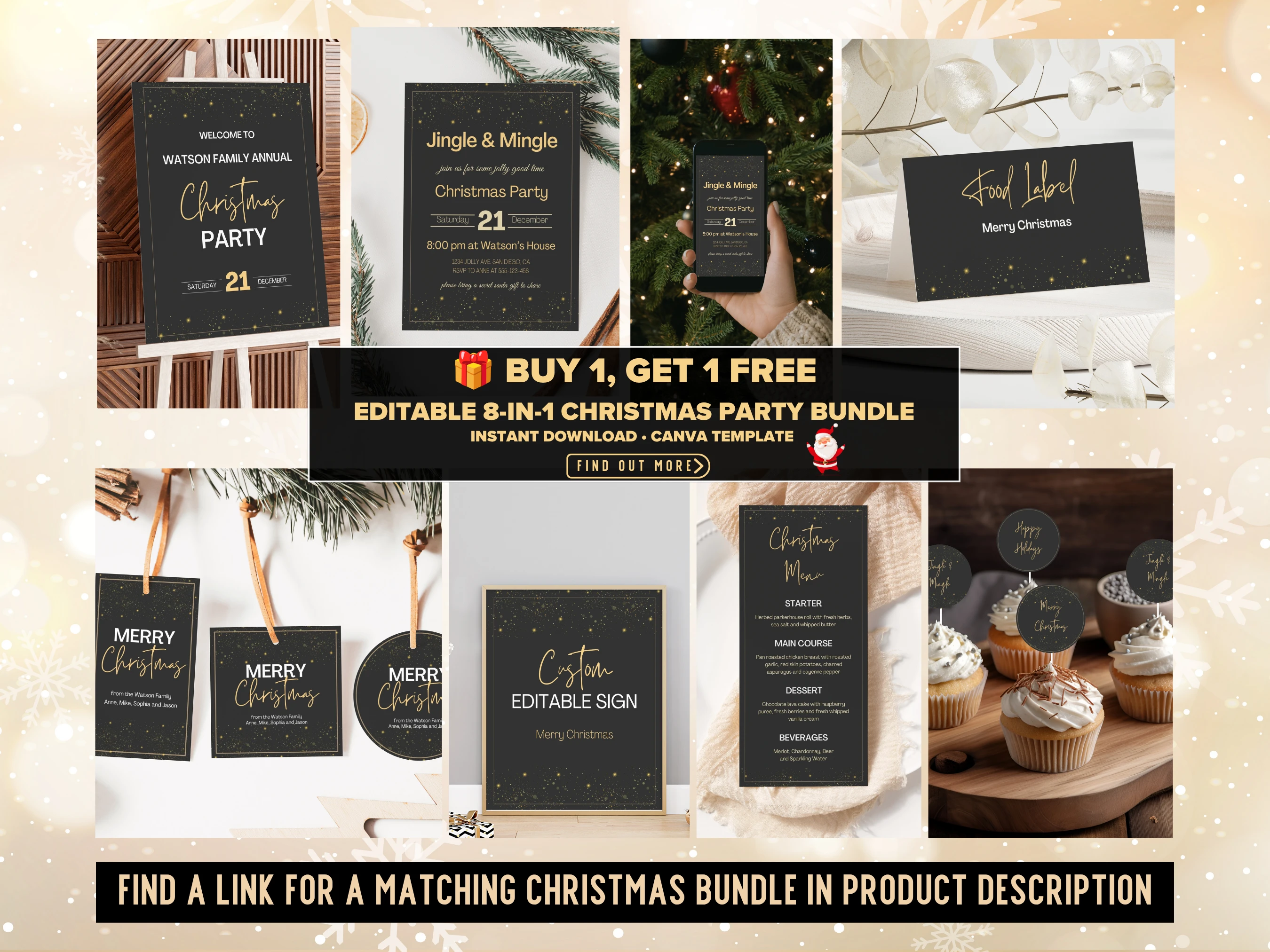 Black and Gold Christmas Cupcake Toppers | Editable Holiday Party Decor | Editable Canva Template | Digital Download