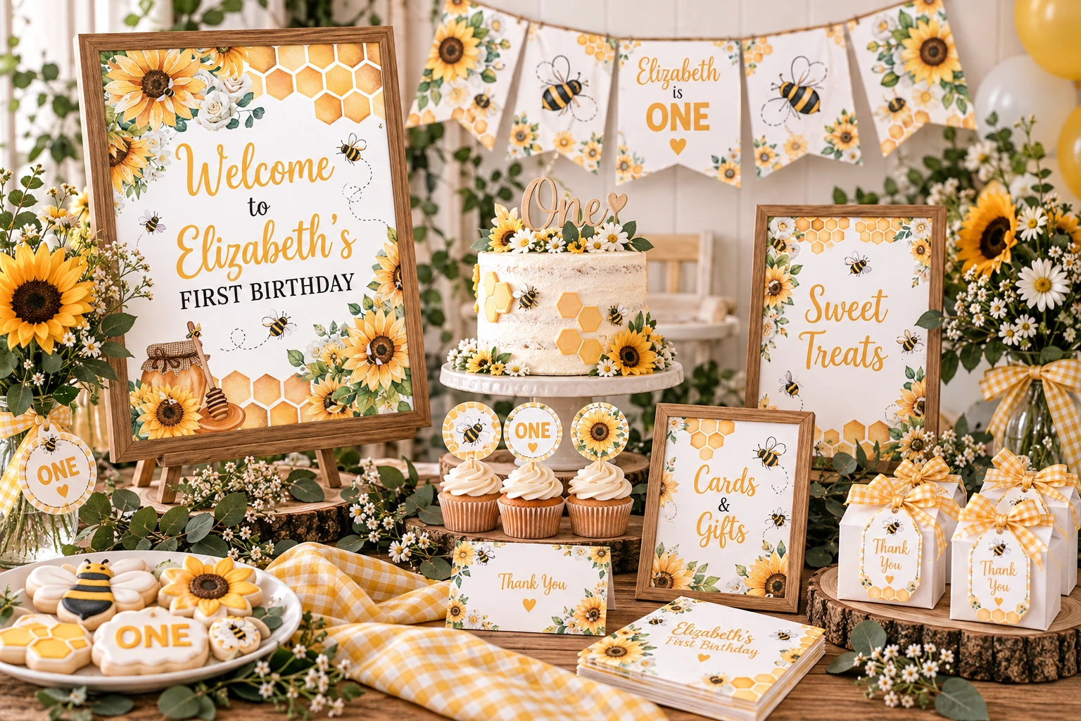 Sunflower and bee first birthday party with coordinated cake, welcome sign, cupcake toppers, favors and matching decorations