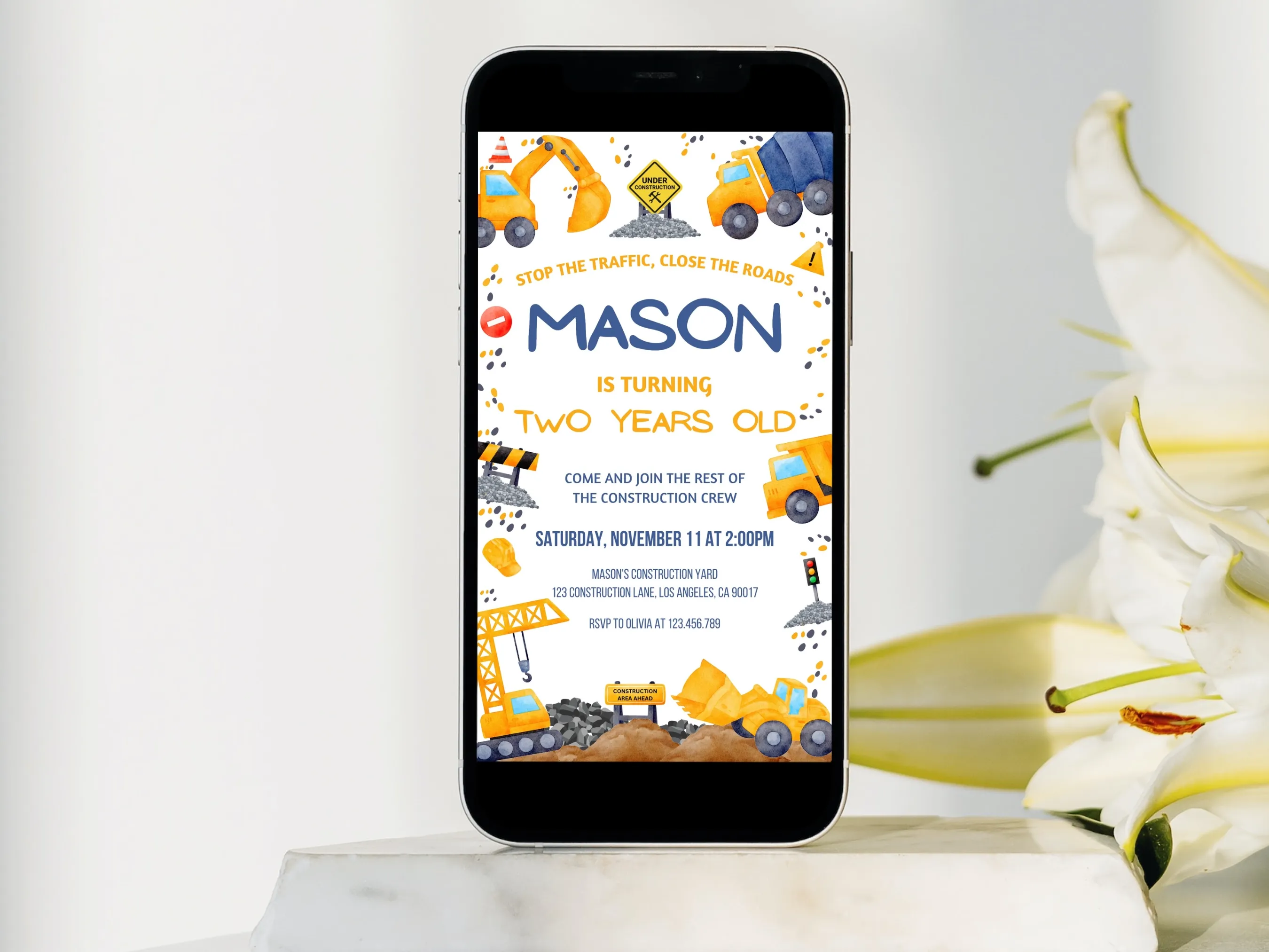 Construction birthday mobile invitation with excavator and dump truck theme, editable Canva template for kids’ construction party, digital download.