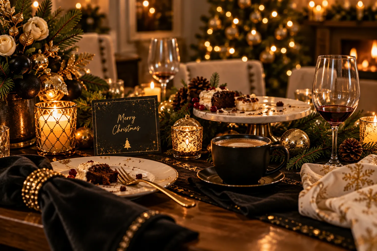 Cozy black and gold Christmas table after dinner with dessert, coffee, candles and festive decorations
