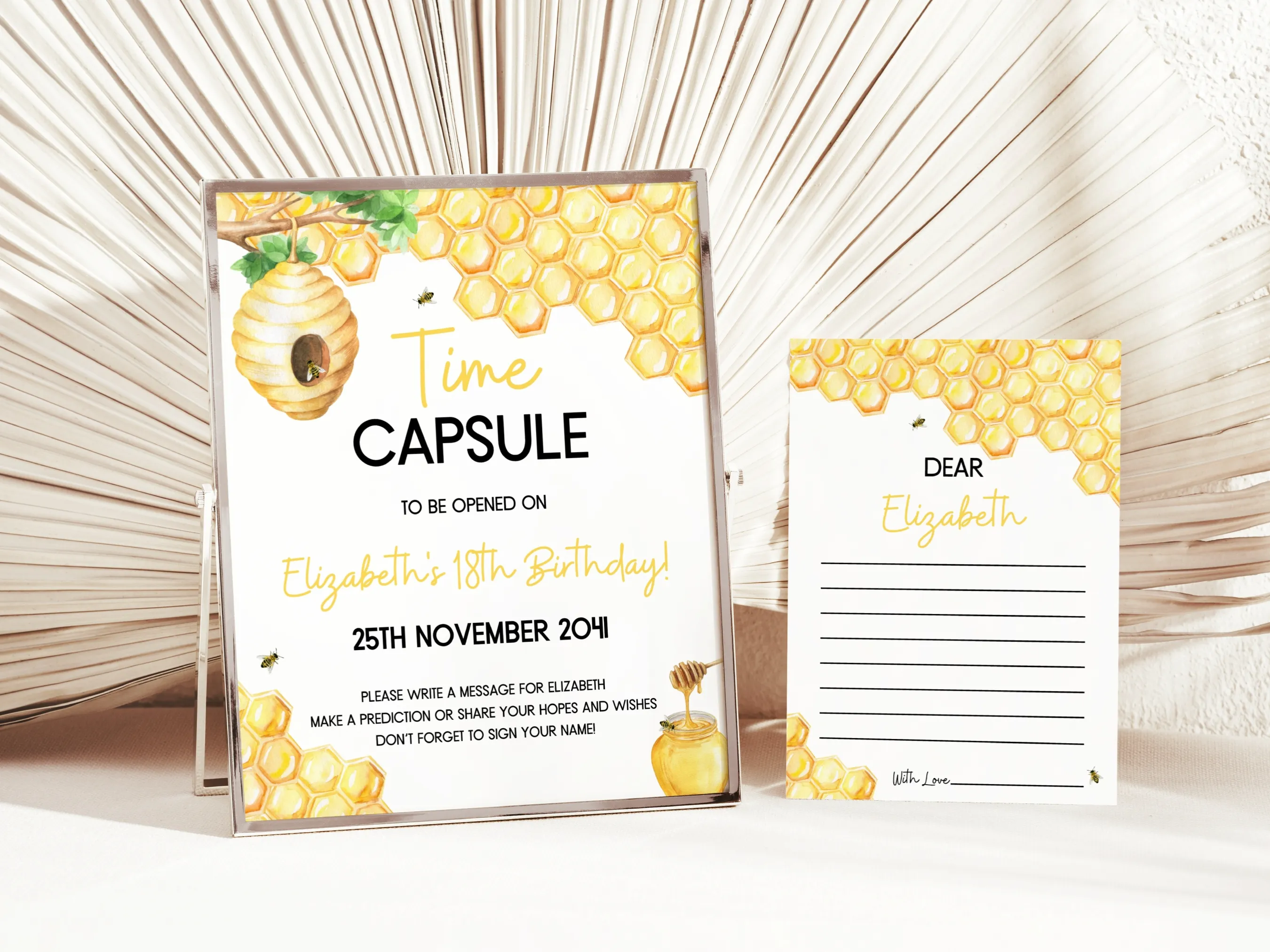 “First Bee Day birthday time capsule sign and wishes card with honey bee theme guest book, editable Canva template digital download.”