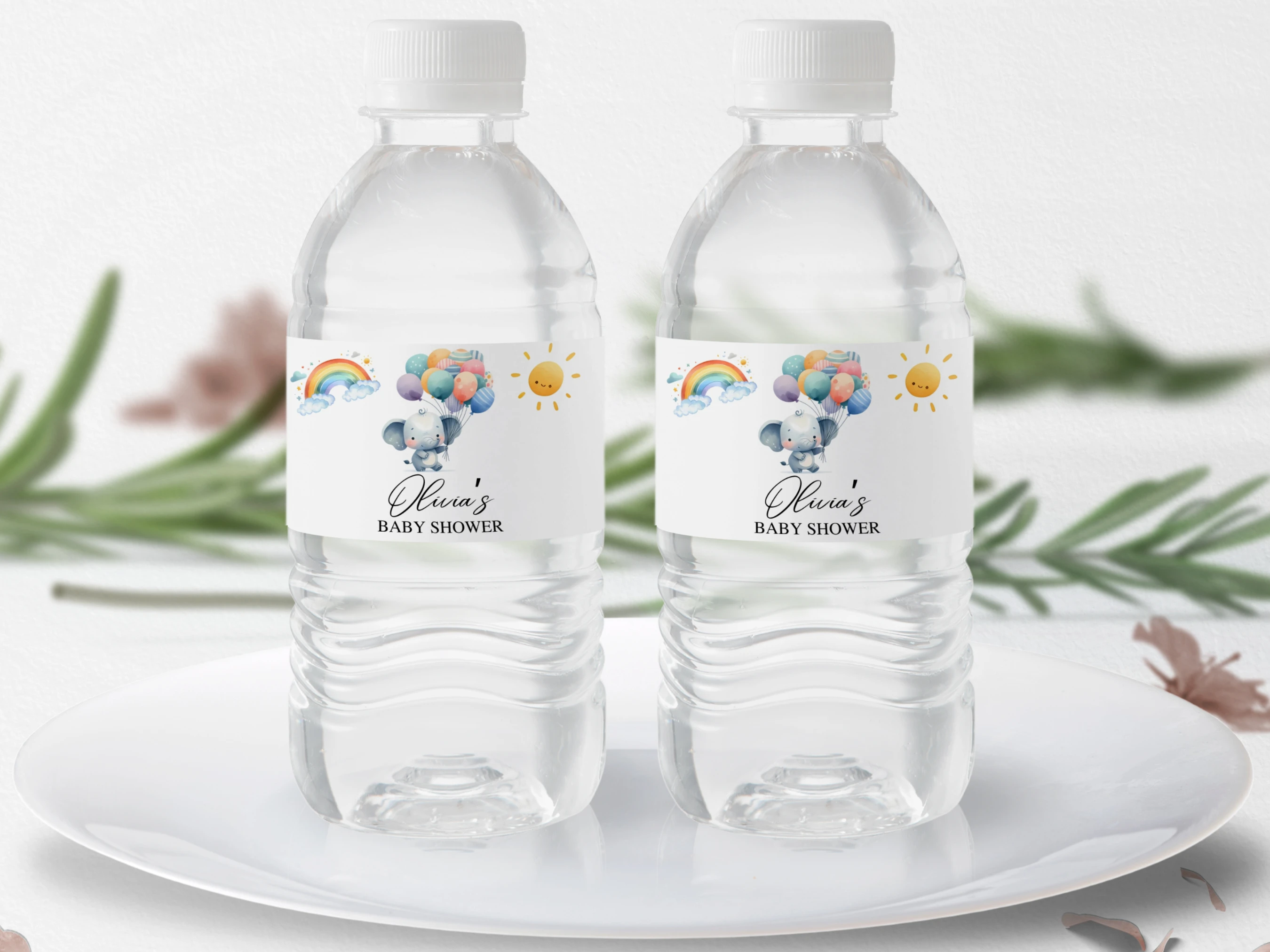 elephant baby shower bottle label, little peanut bottle sticker printable, rainbow balloons baby shower drink label, elephant baby shower bottle wrapper, editable bottle label Canva