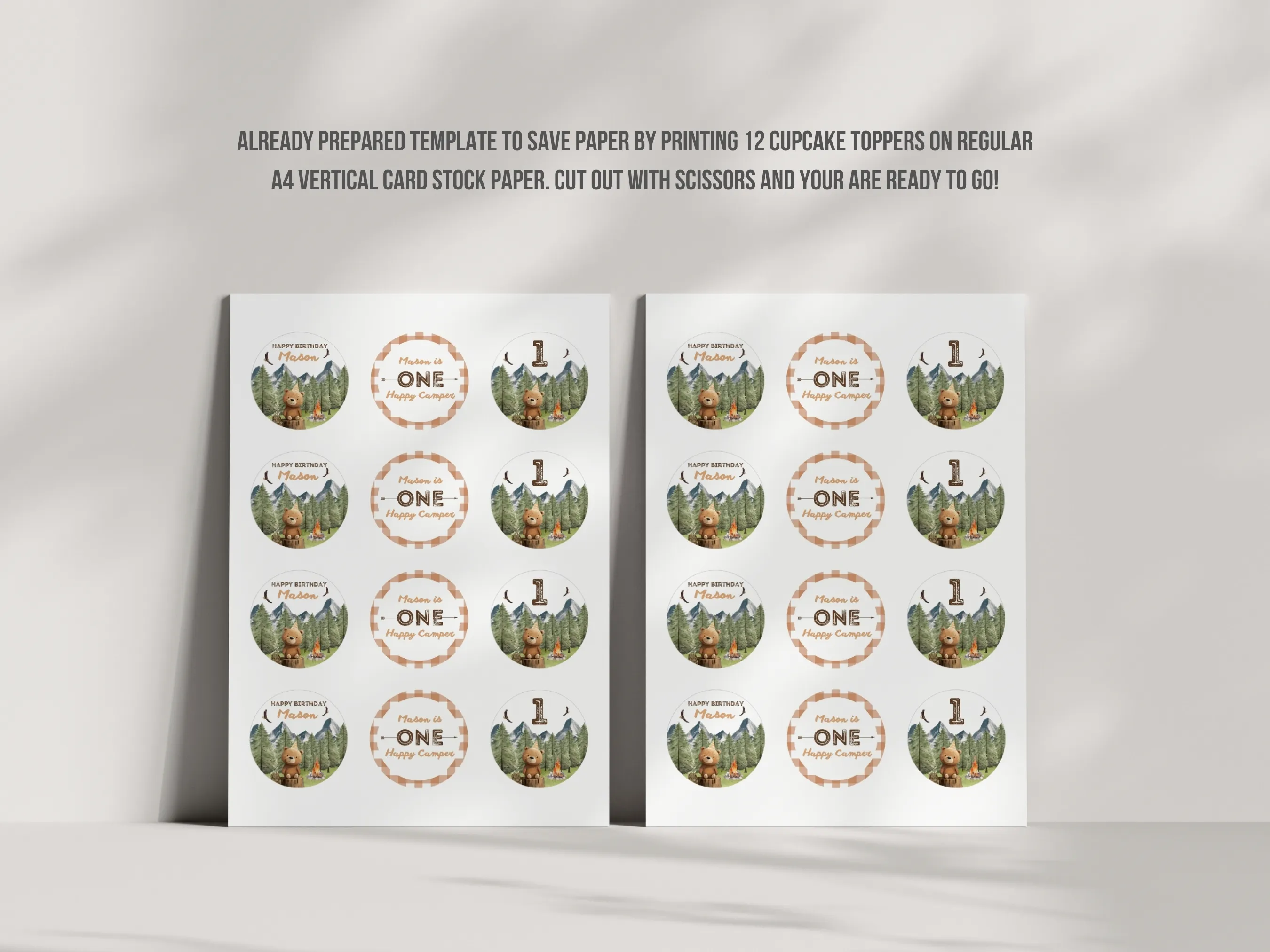 One Happy Camper Birthday Cupcake Toppers | Camping “One” Cake Topper | Woodland 1st Birthday Cupcake Toppers | Editable Canva Template | Digital Download