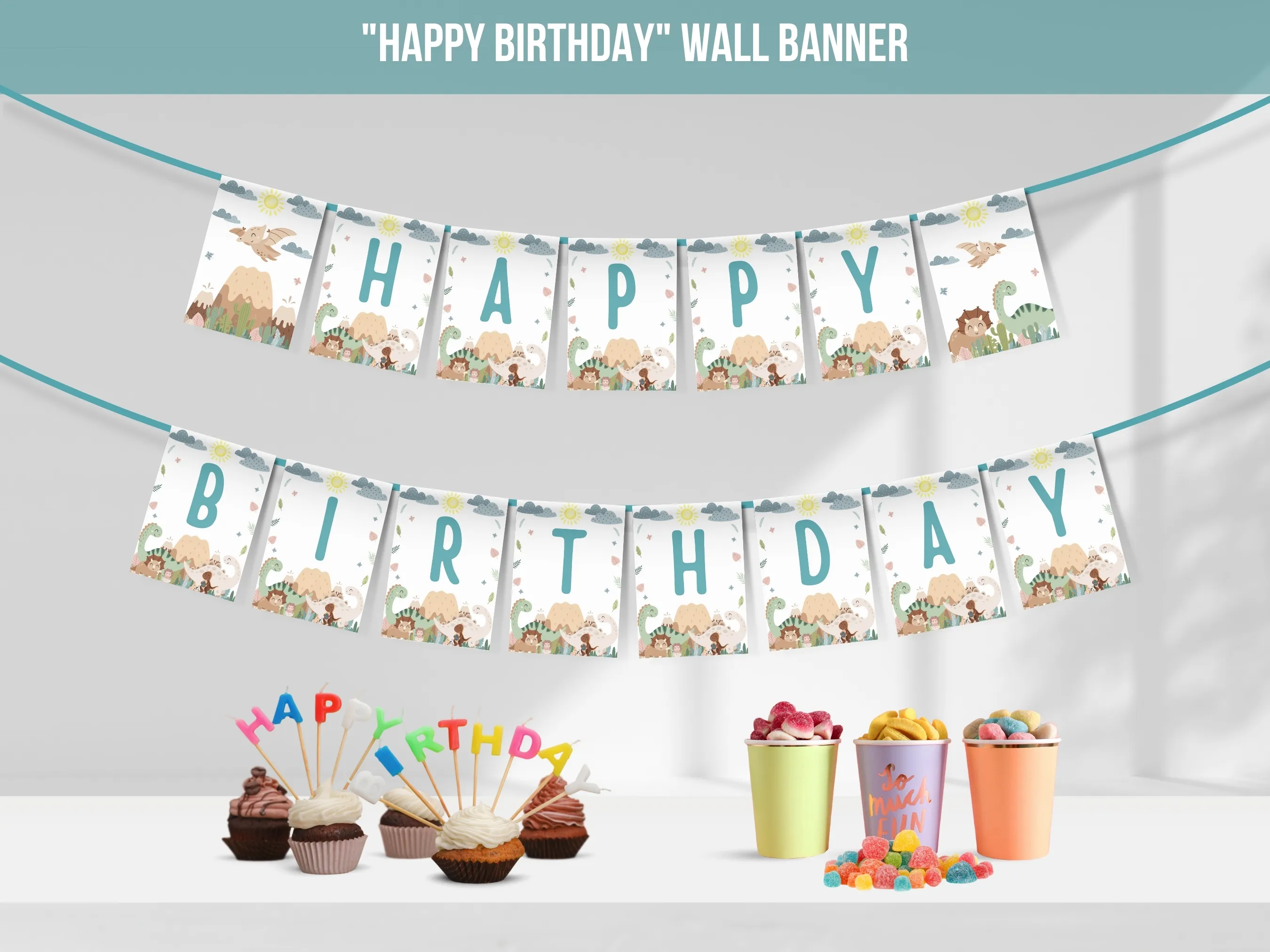 Baby dinosaur Happy Birthday banner with cute dino theme, customizable birthday wall banner and bunting, editable Canva template by fllcdesigns