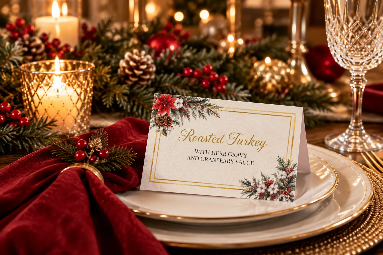 Christmas place setting with gold-rimmed tableware, red napkin, festive place card, candles and greenery