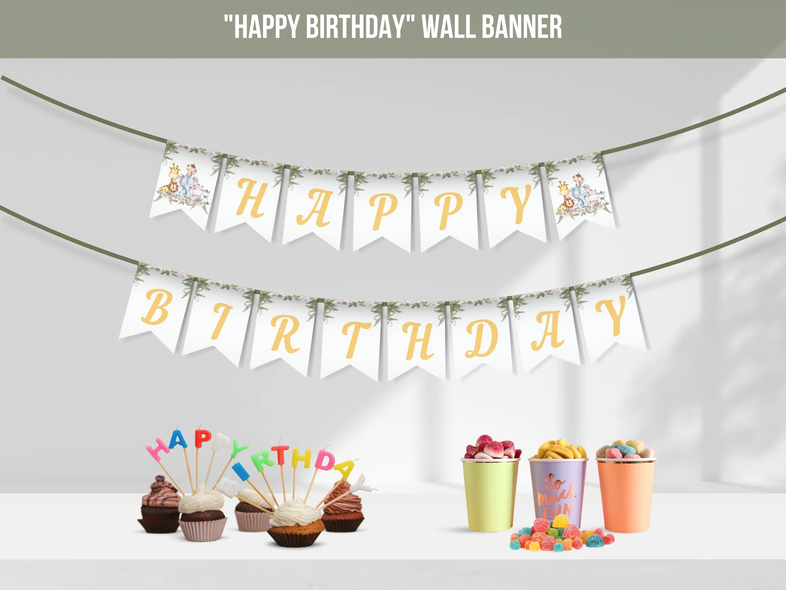 Wild One Happy Birthday banner with jungle and safari animal theme, customizable birthday wall banner, editable Canva template by fllcdesigns
