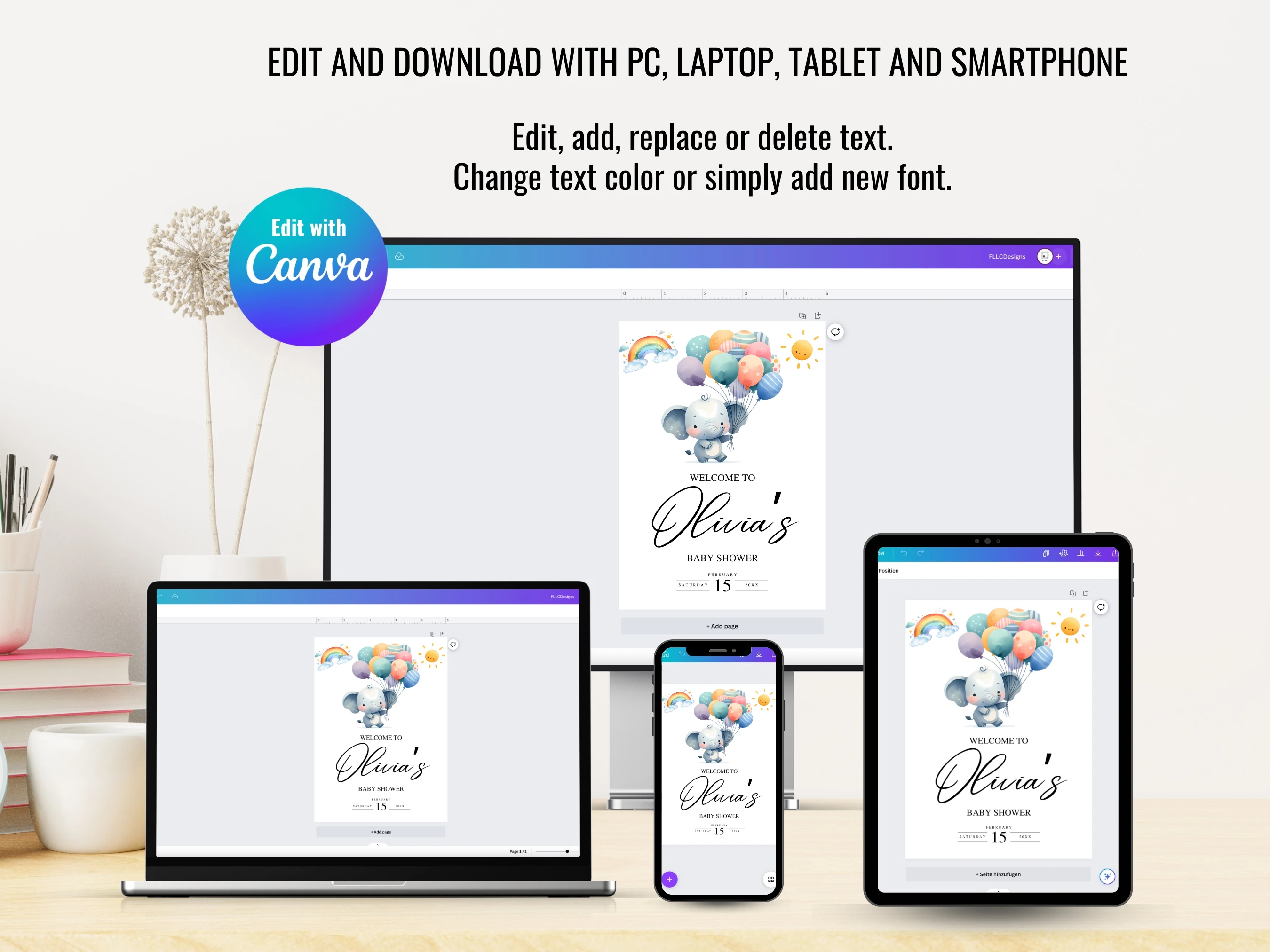 Elephant Baby Shower Welcome Sign | Little Peanut Balloon Rainbow Welcome Board | Editable Canva Template | Digital Download