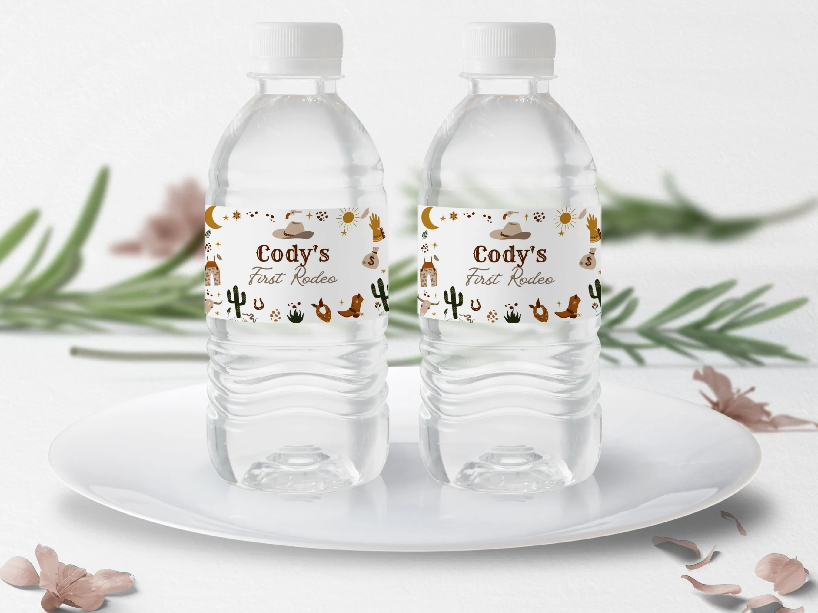My First Rodeo birthday water bottle labels with cowboy western theme, editable bottle bands and bottle stickers by fllcdesigns