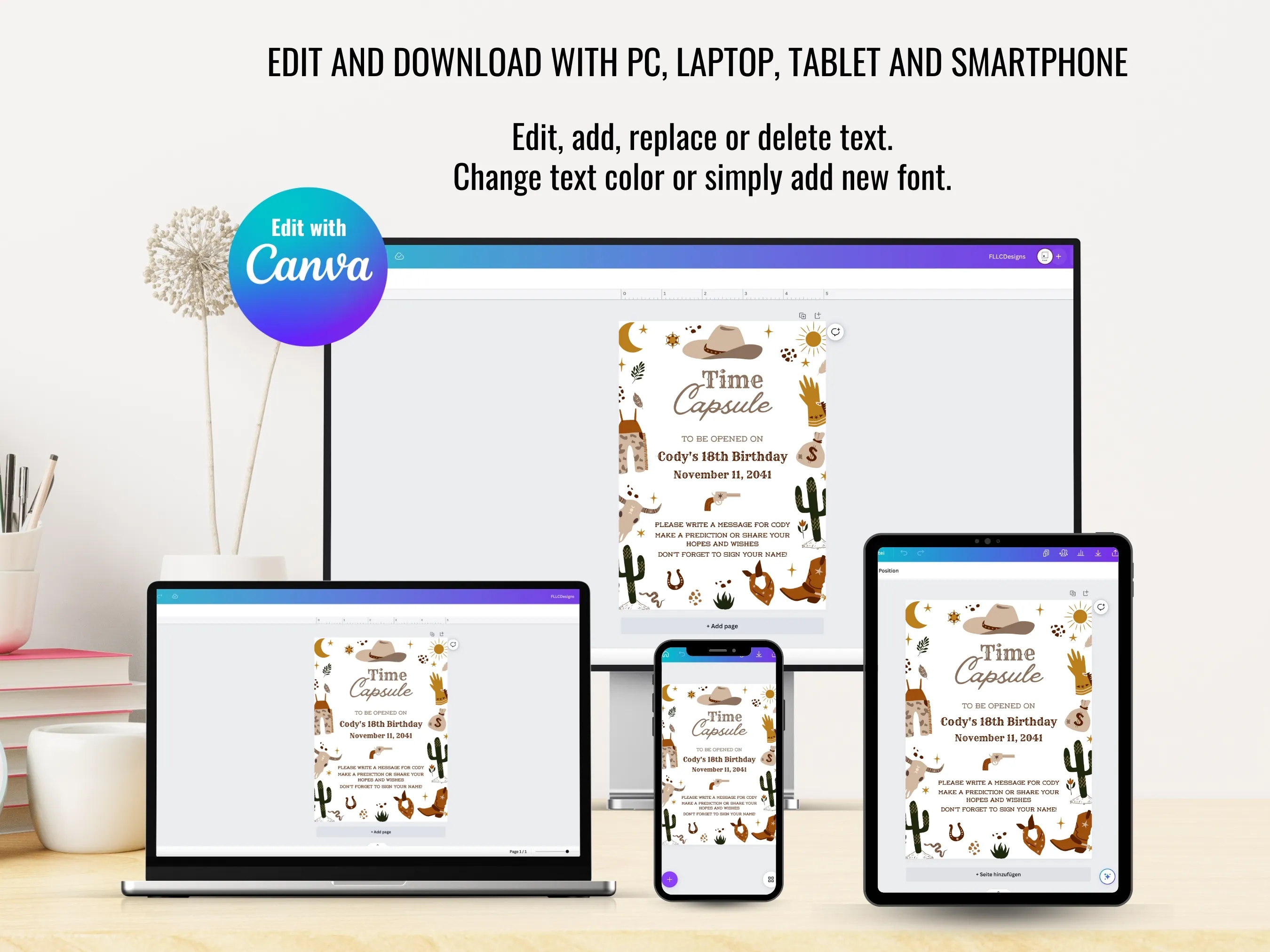 My First Rodeo Birthday Time Capsule Sign & Wishes Card | Cowboy 1st Birthday Guest Book | Editable Canva Template | Digital Download